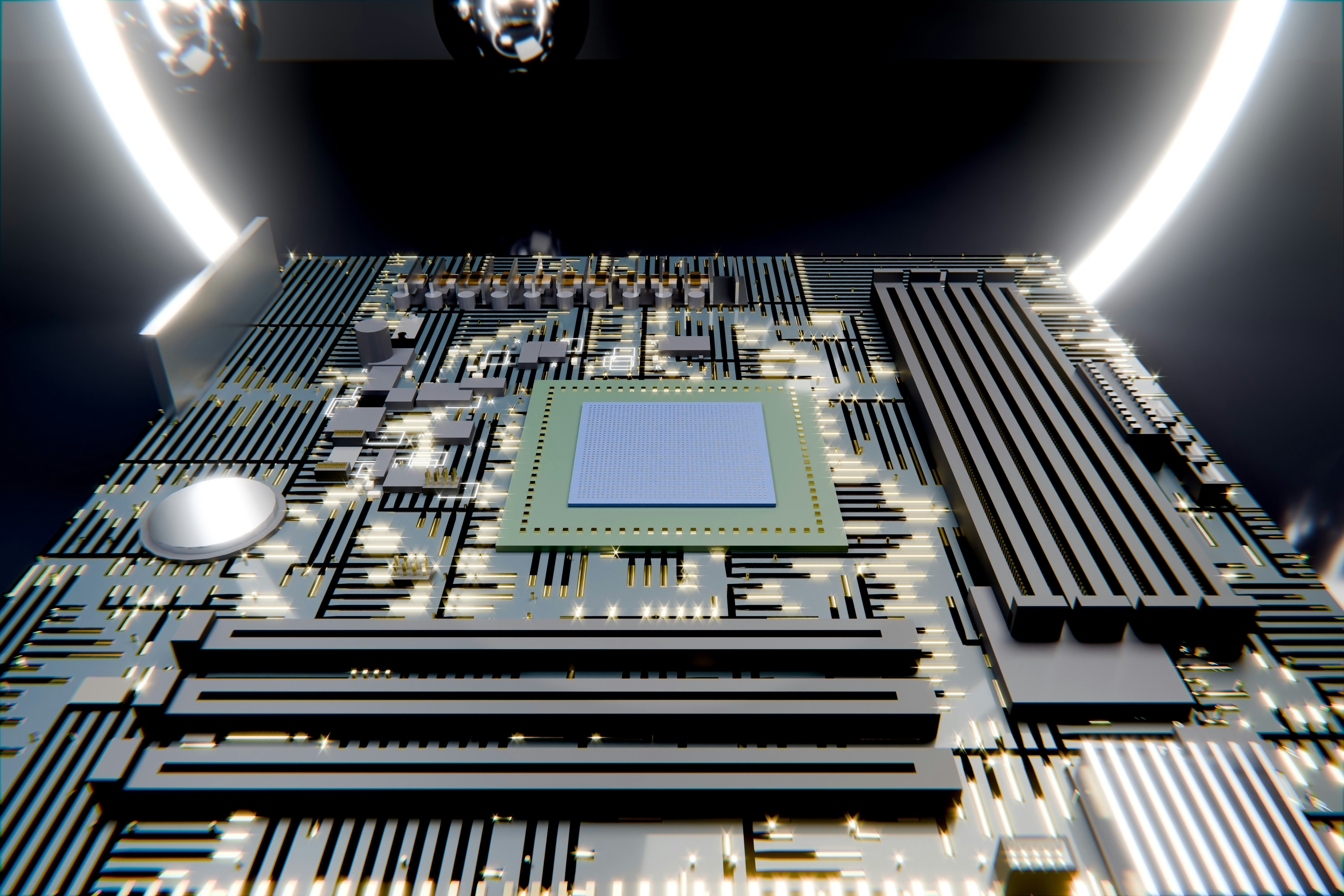Circuit board with a central processor under a ring light.