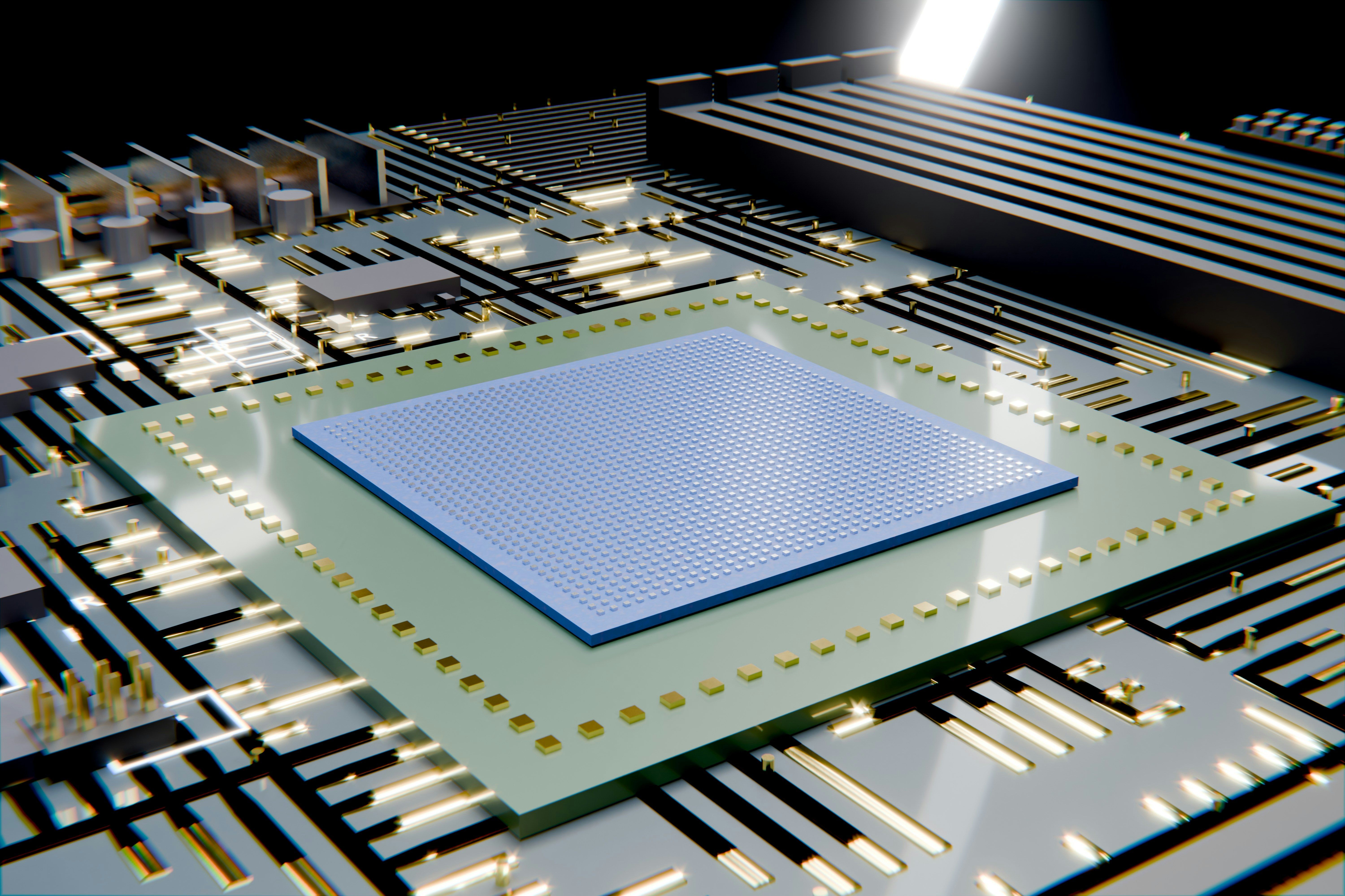 AI半導体需要を象徴する光る回路基板上のマイクロチップの接写。半導体テクノロジーの先進性を伝えるイメージ。