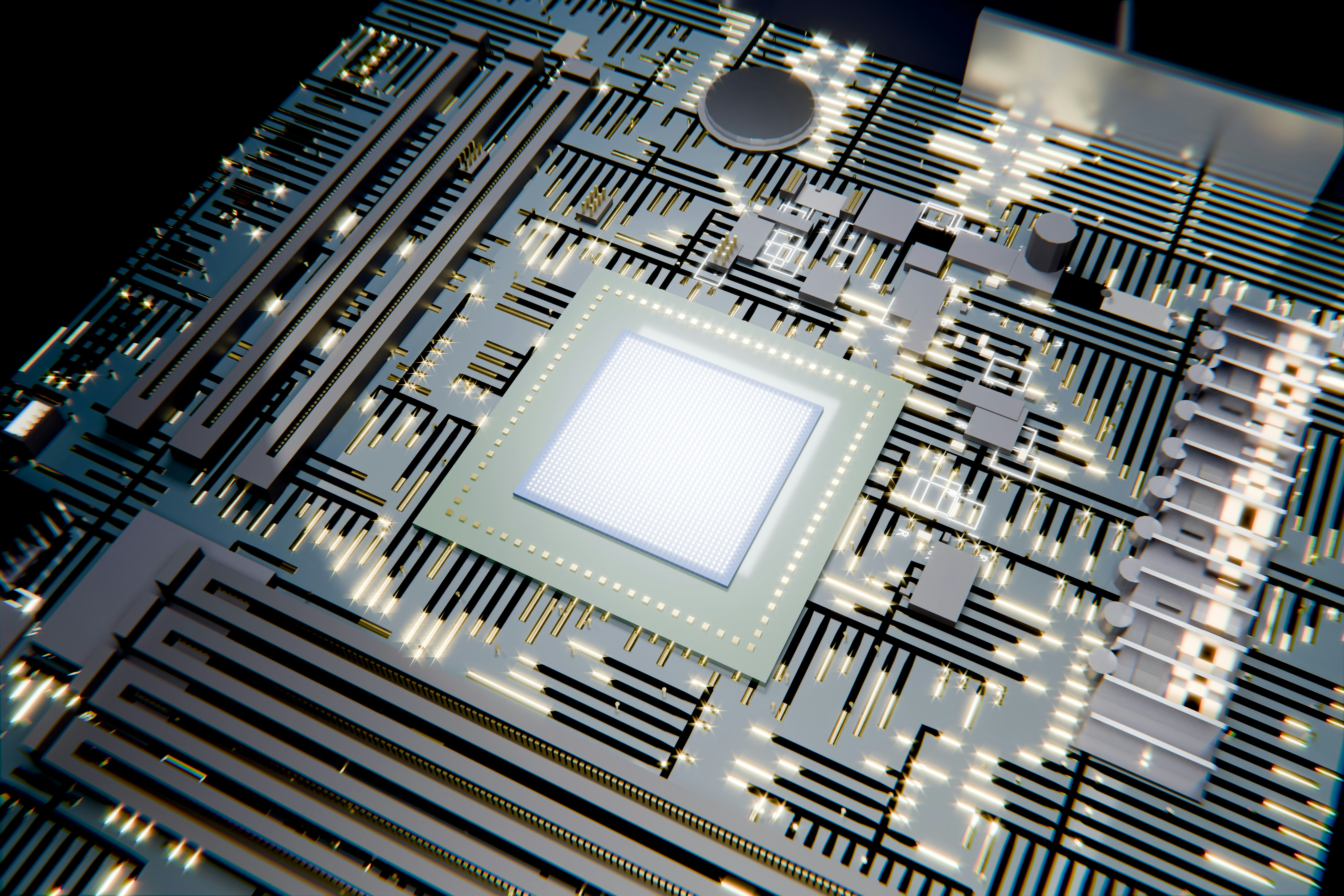A glowing computer chip on a detailed circuit board.