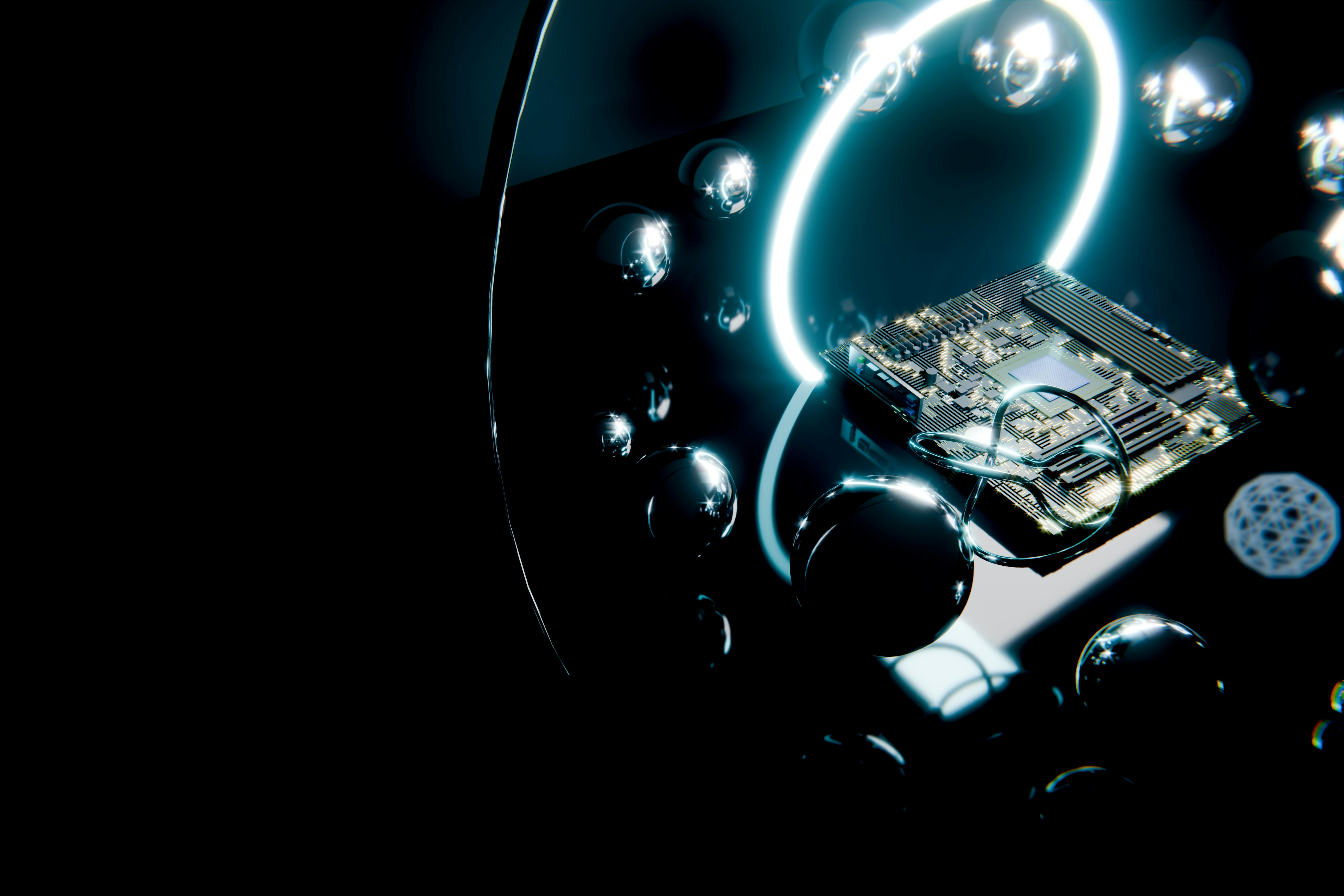 Circuit board with glowing ring and reflective spheres.