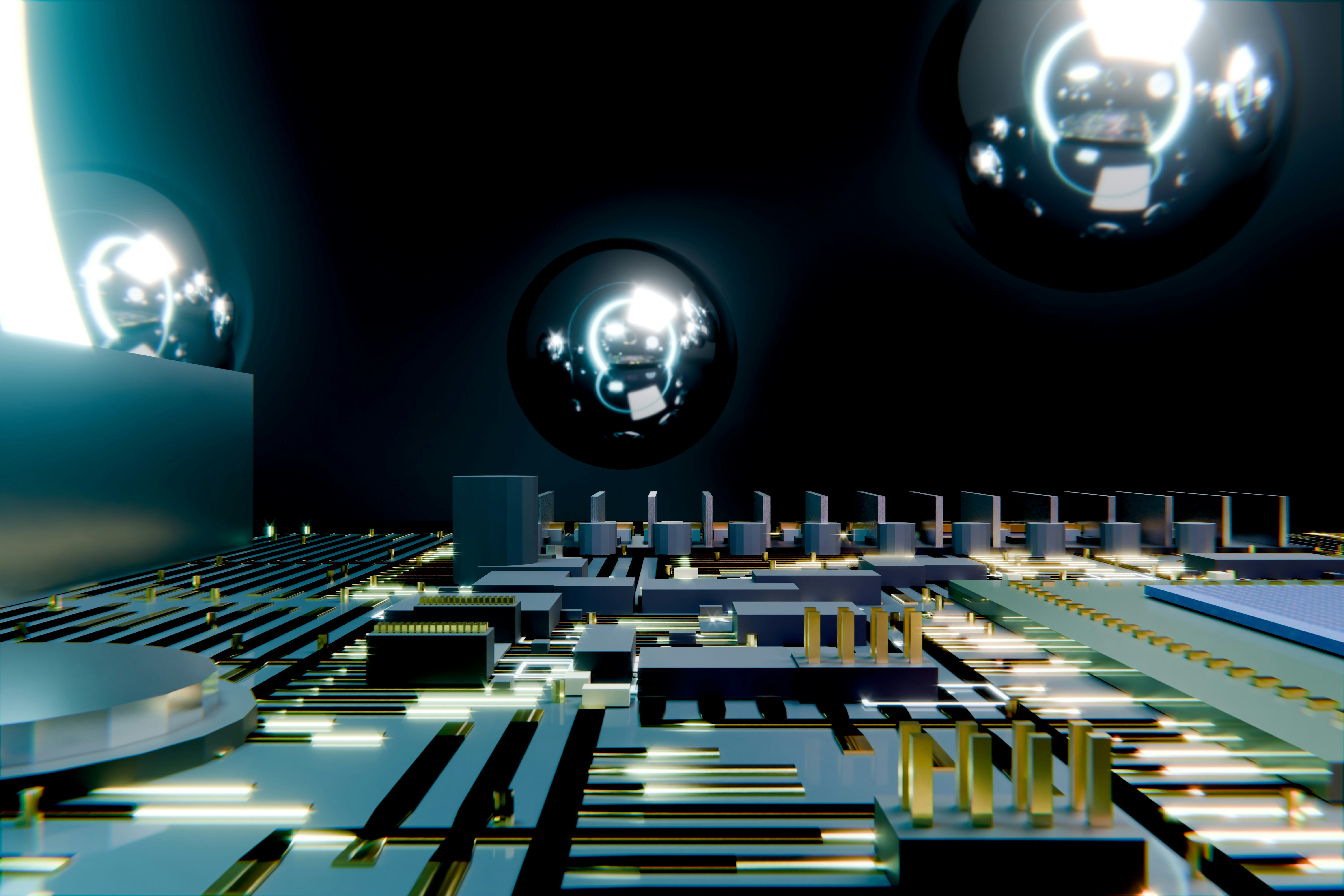 server rack data center - Abstract circuit board with glowing elements and reflective spheres.