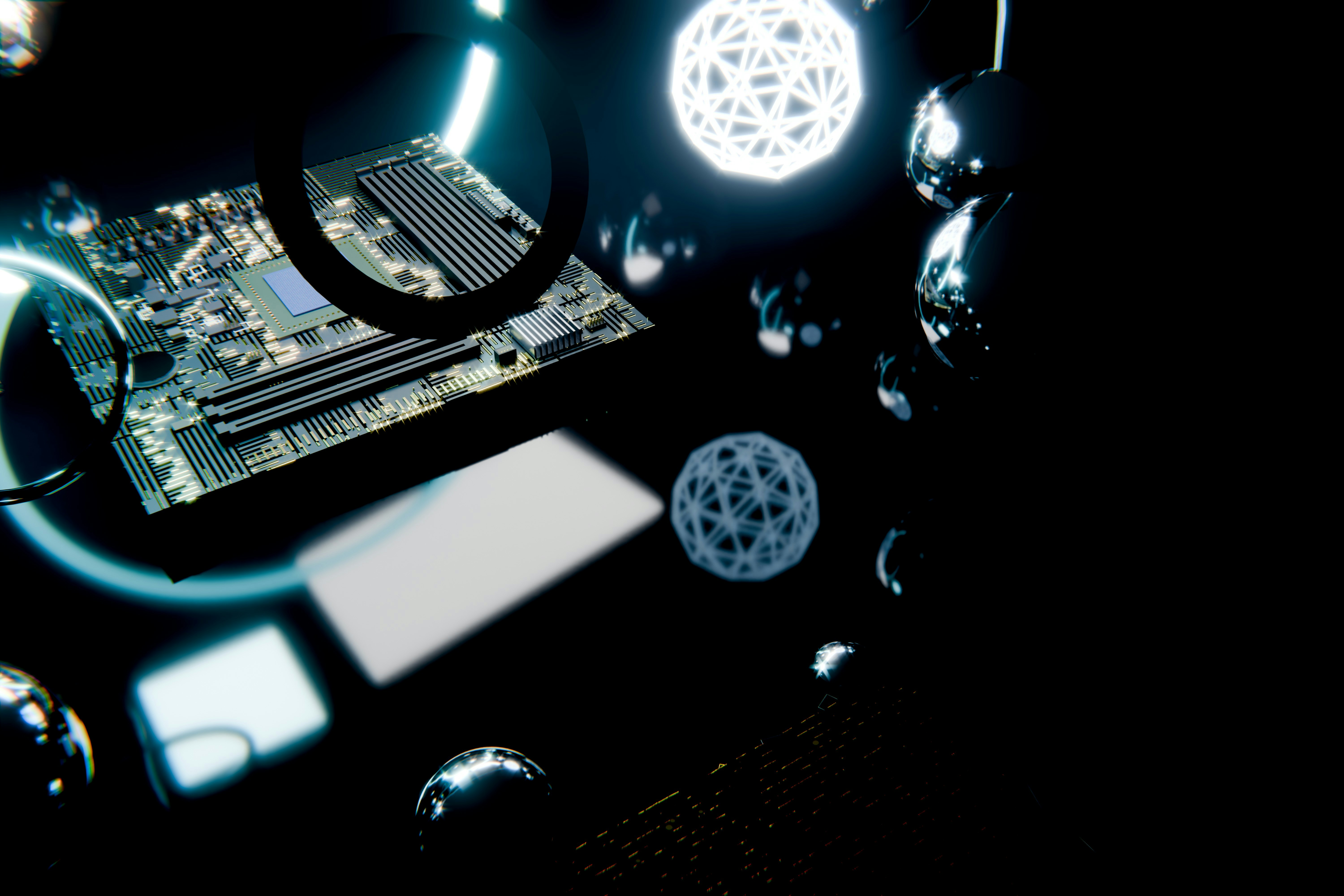 Circuit board, glowing orbs, and white rectangle in dark space.