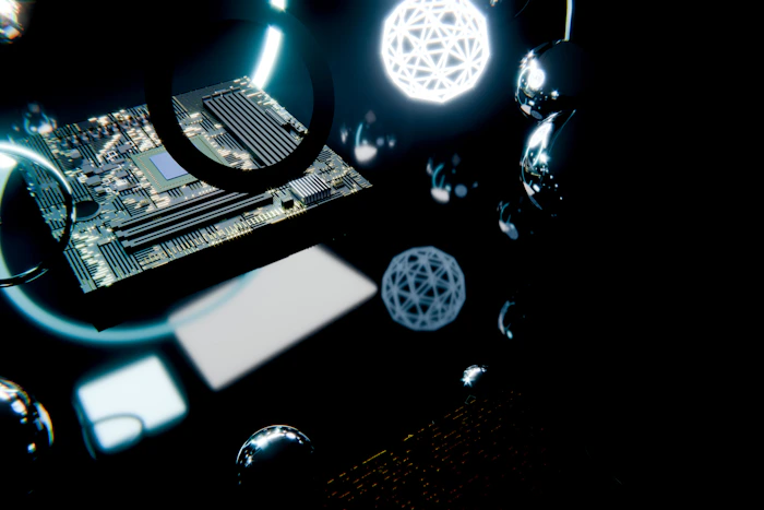Circuit board with glowing technology elements