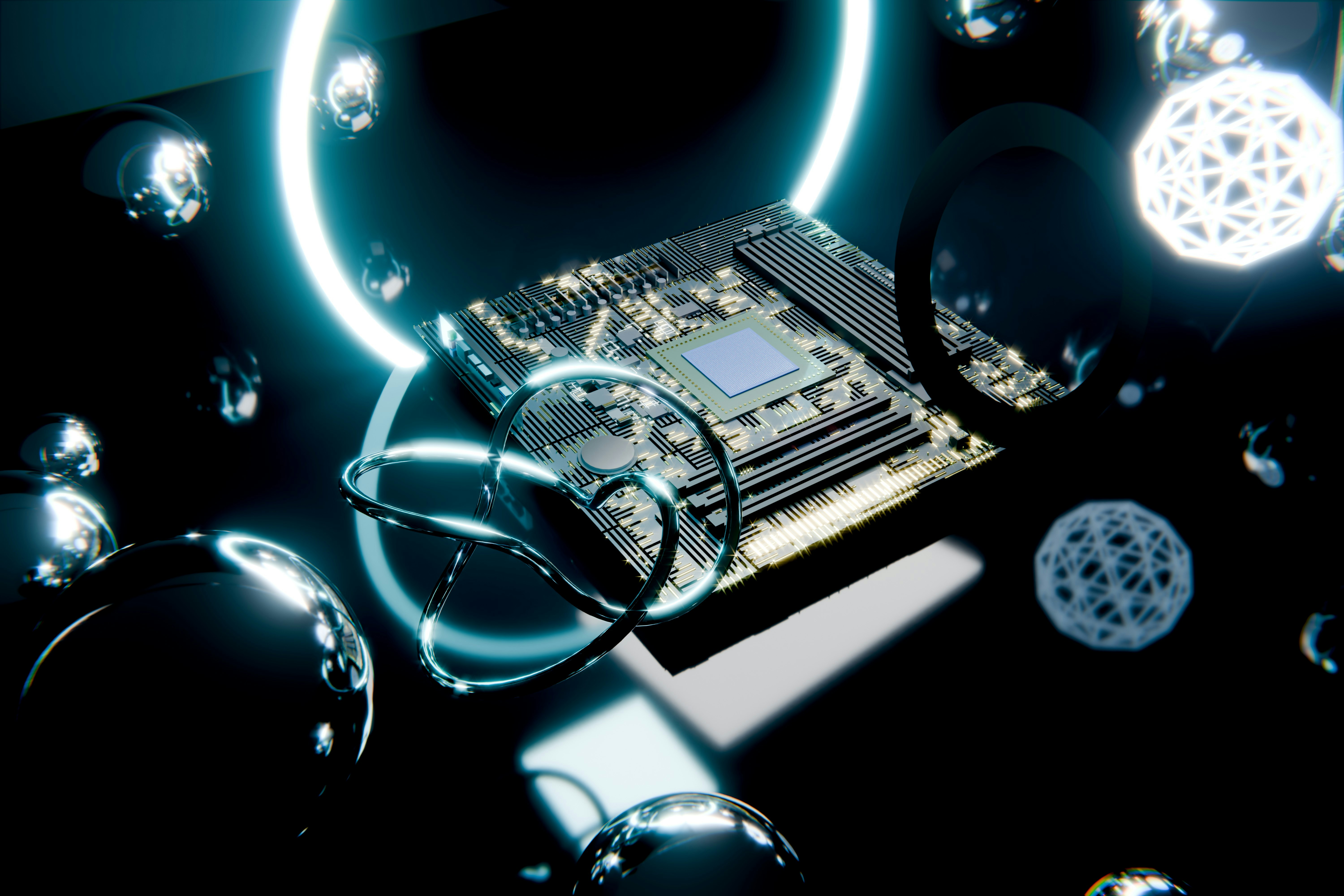 Motherboard surrounded by glowing neon rings and metallic spheres.