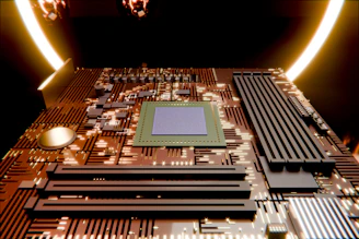 A glowing circuit board with a central processing unit