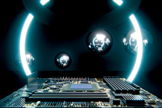 Futuristic circuit board with glowing blue arcs and spheres.
