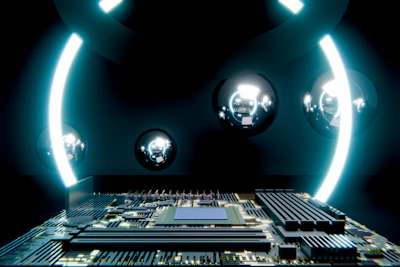 Futuristic circuit board with glowing blue arcs and spheres.