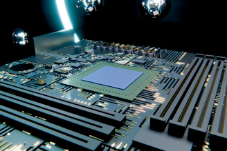 A glowing central processing unit on a detailed circuit board.