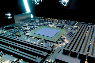 A glowing central processing unit on a detailed circuit board.