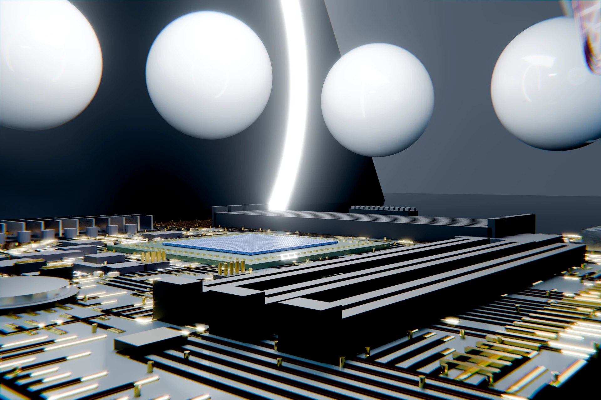 Futuristic circuit board with white spheres and glowing light.