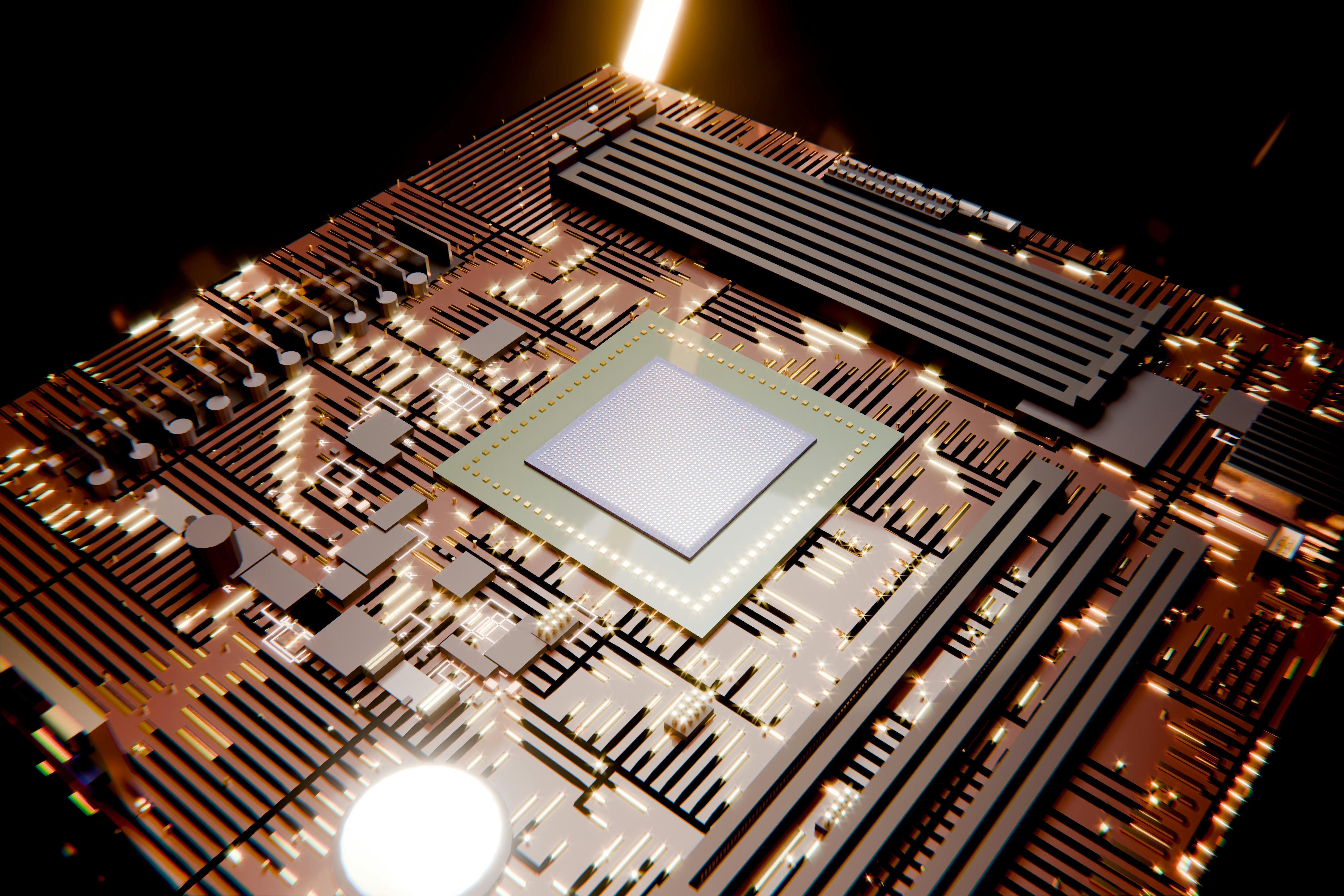 A glowing computer chip on a circuit board.