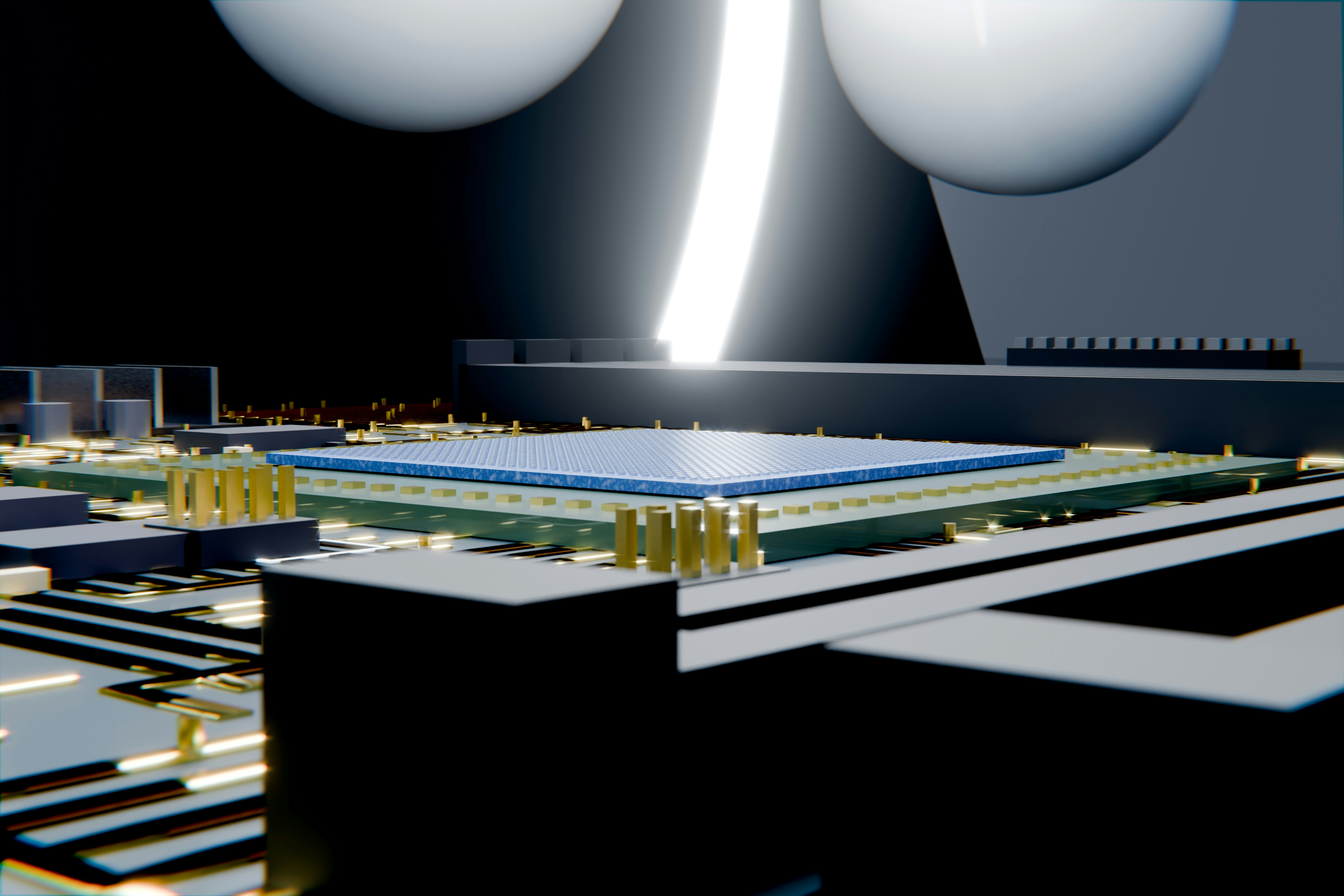 Cpu on a circuit board with light and spheres