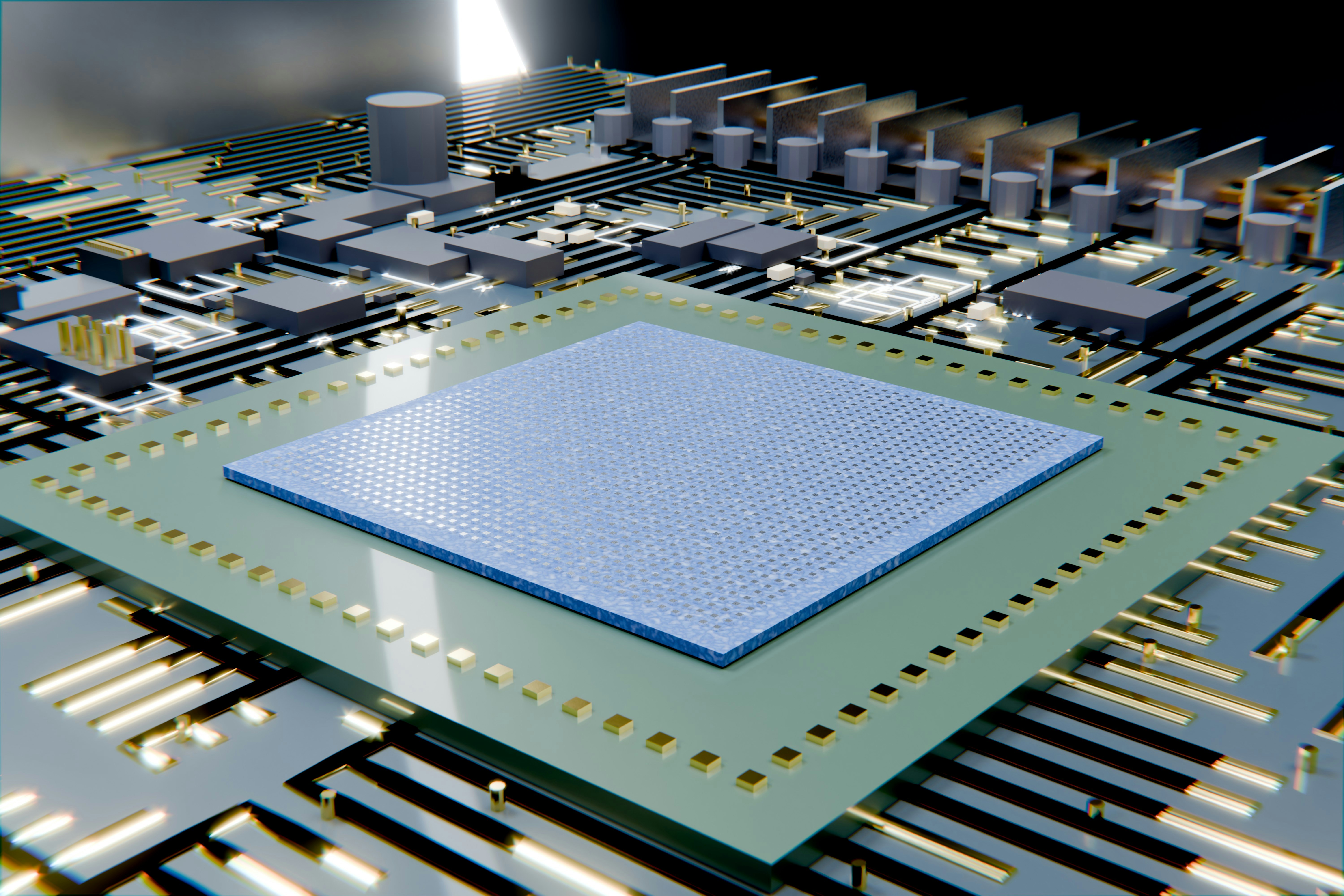 A detailed view of a microchip on a circuit board.