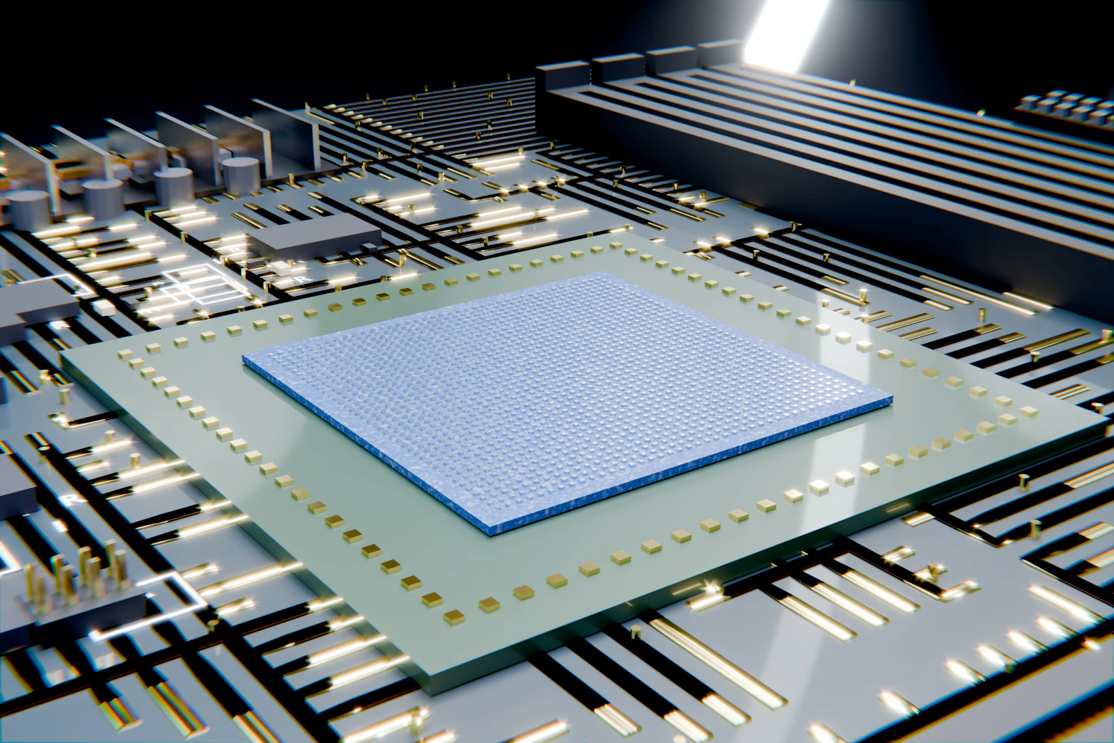 Chip de computadora moderno sobre una placa electrónica, representando la inteligencia artificial