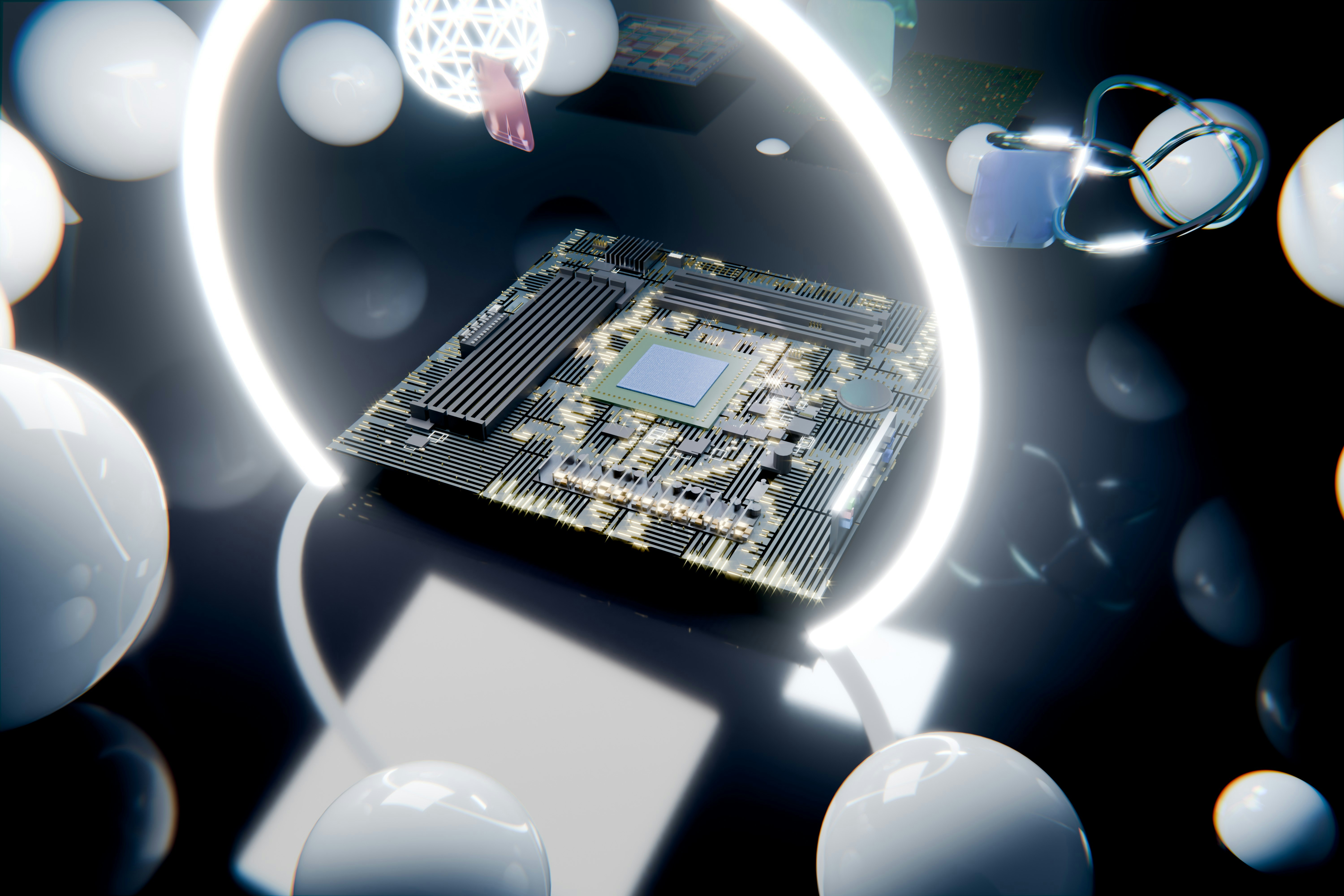 High-tech motherboard with glowing ring and abstract white spheres.