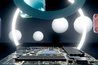 Circuit board with glowing arcs and floating white spheres.