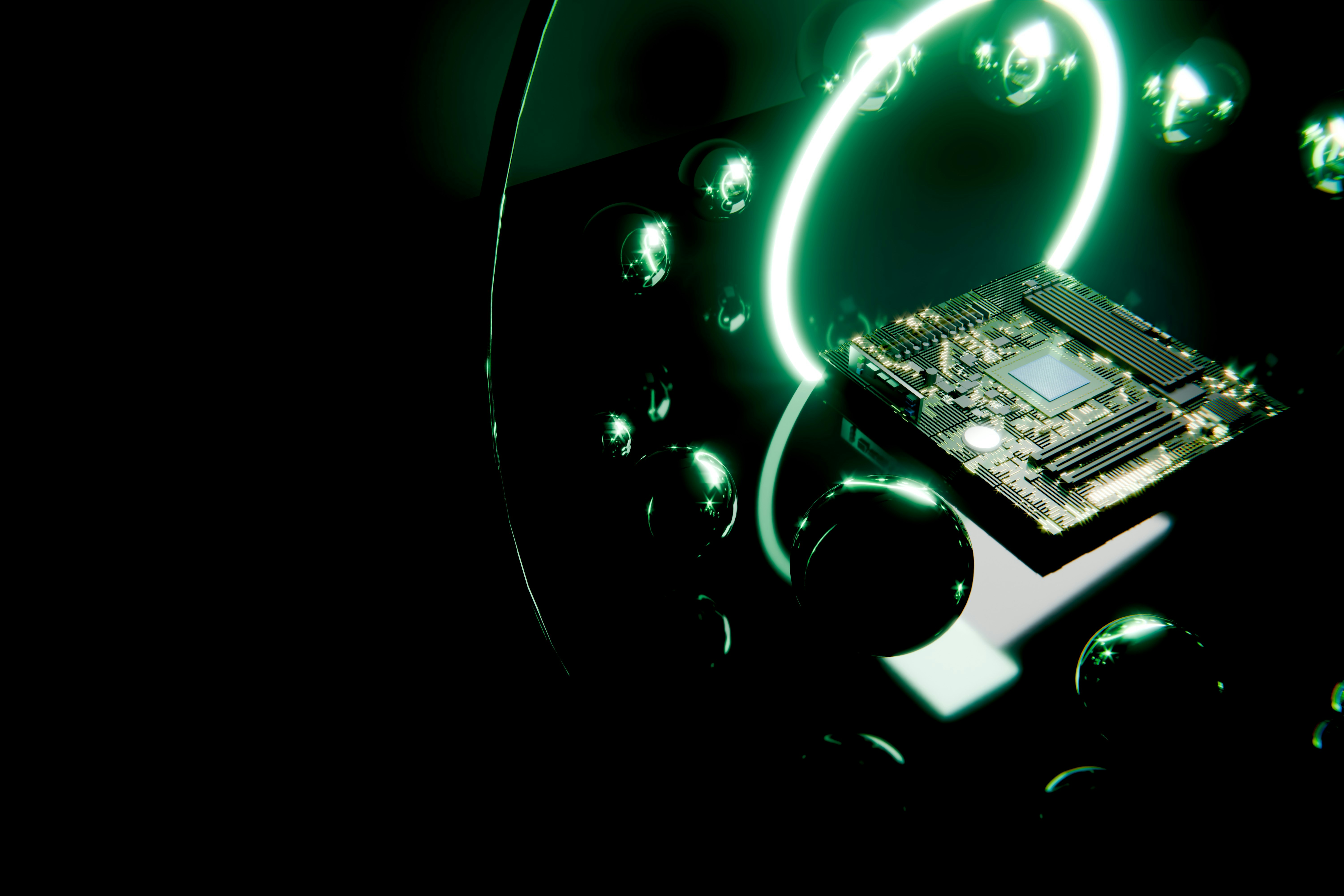 Circuit board glowing green surrounded by metallic spheres.