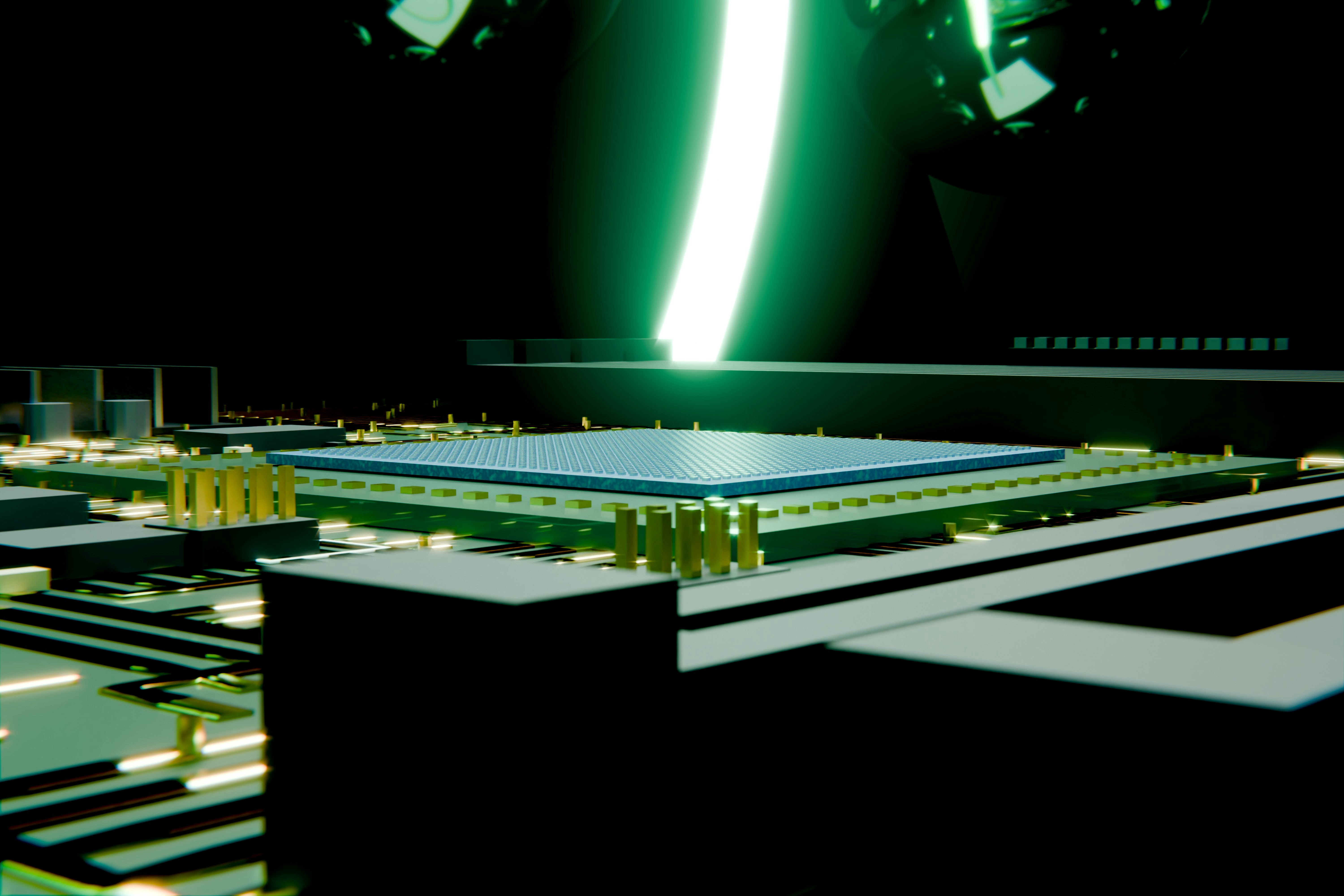 Futuristic computer chip illuminated by a vibrant green light beam.