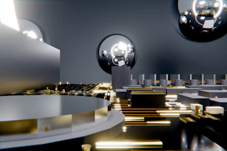 Abstract metallic spheres and structures with golden accents