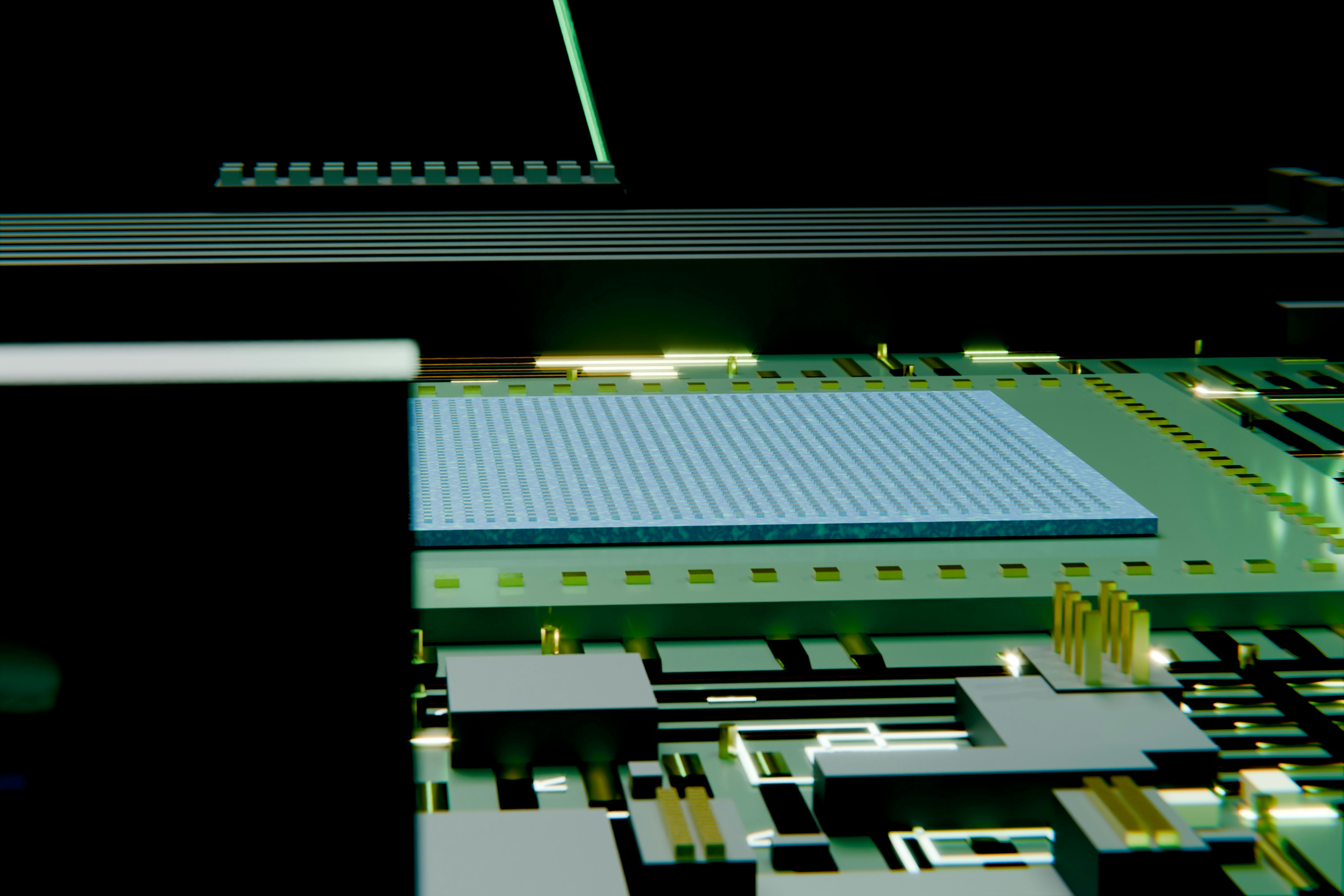 server rack data center - Electronic circuit board with a prominent blue microchip.