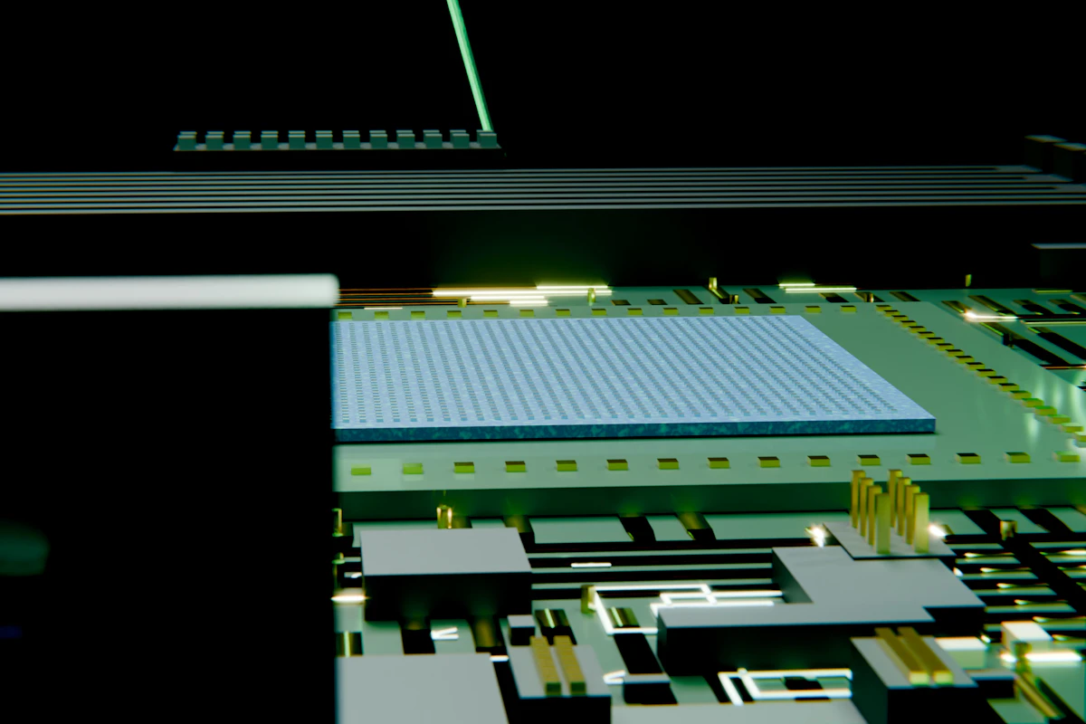 An electronic circuit board with a blue microchip