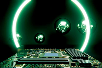 A circuit board with glowing green rings and reflective spheres.