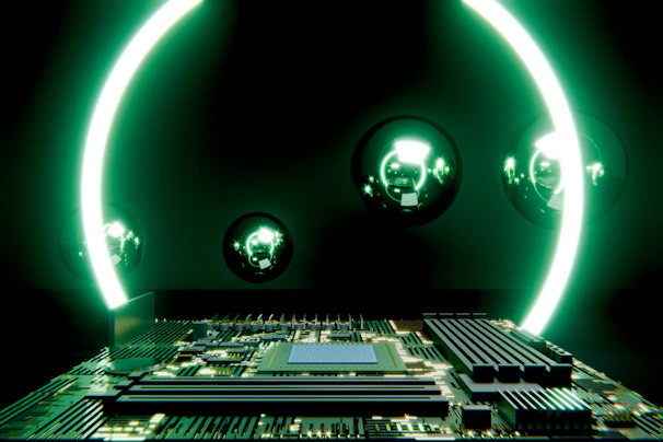 A circuit board with glowing green rings and reflective spheres.