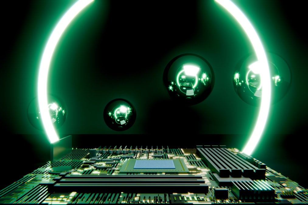 A circuit board with glowing green rings and reflective spheres.