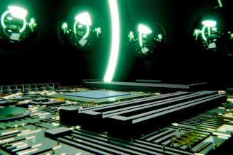 Green light beam illuminating a futuristic circuit board