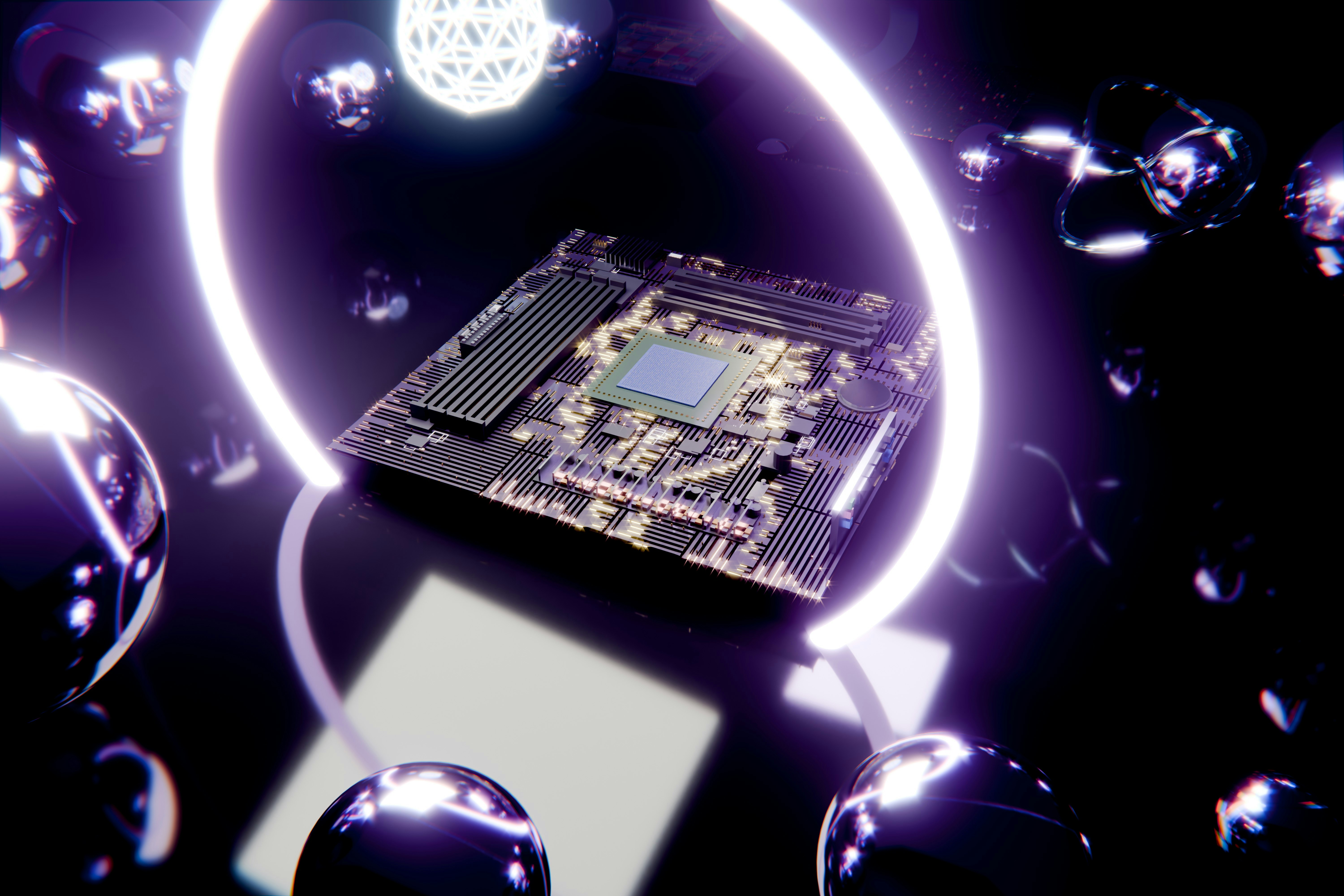 A computer motherboard with glowing rings and reflective spheres.