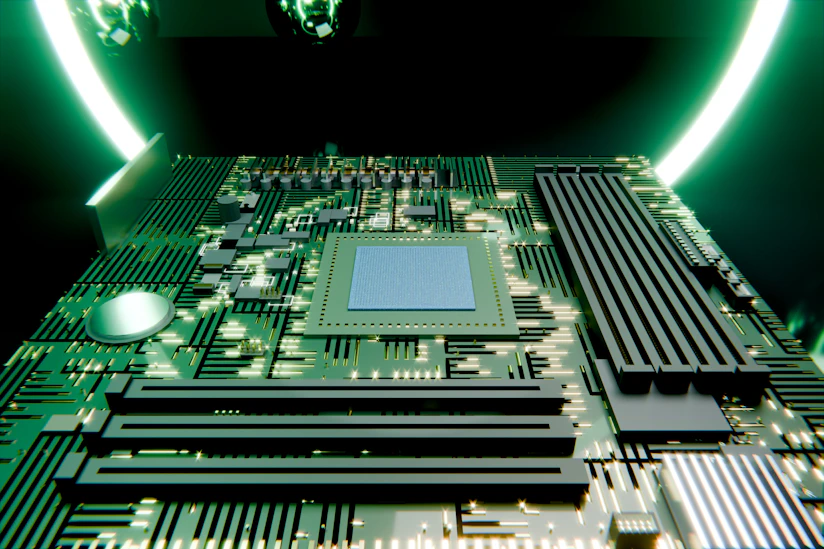 Green circuit board with a central processor and glowing light.