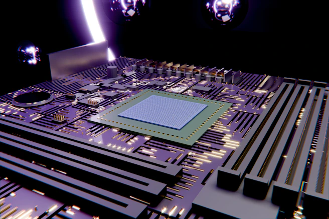 Digital circuit board with a central processor and violet light.