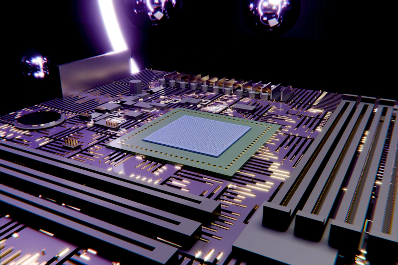 Digital circuit board with a central processor and violet light.