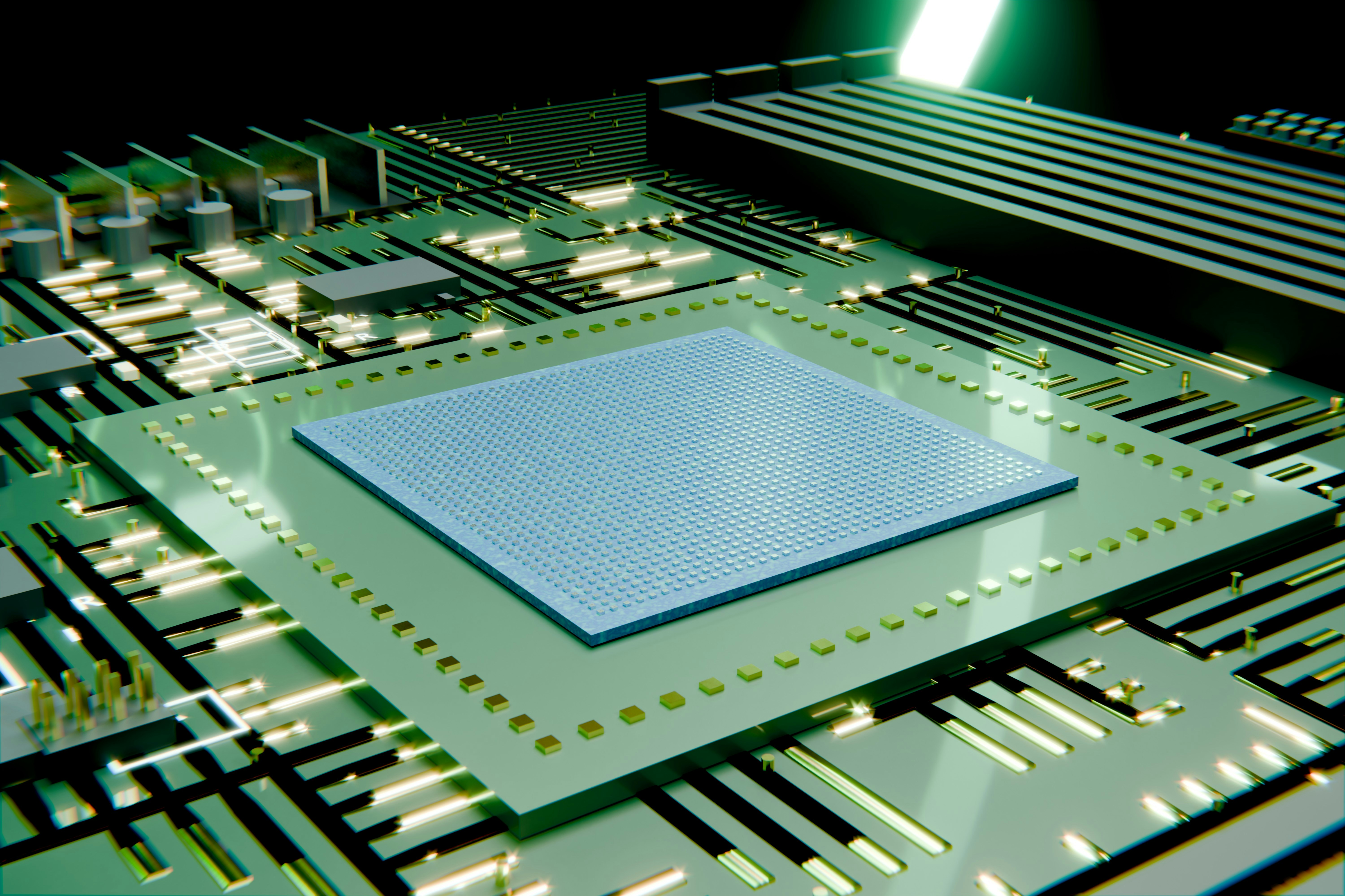 Processor on a green circuit board.