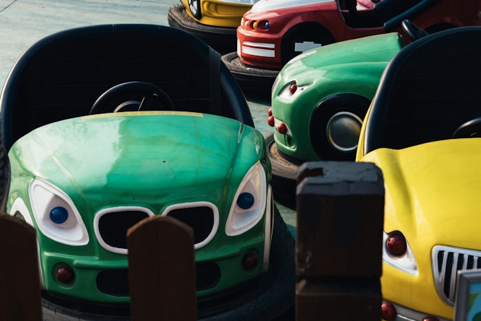 Colorful bumper cars at an amusement park