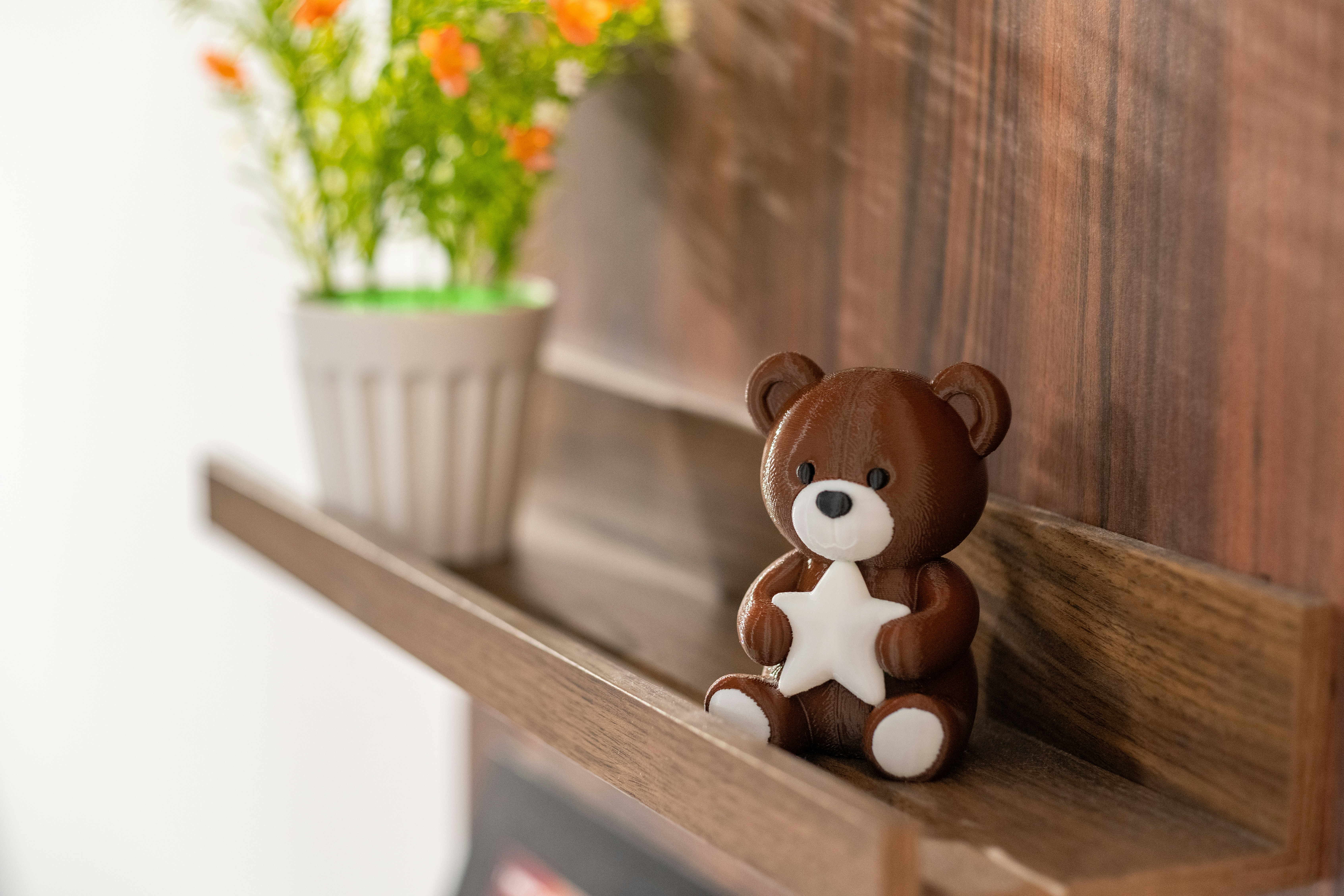 Brauner Teddybär mit weißem Stern auf einem Holzregal.