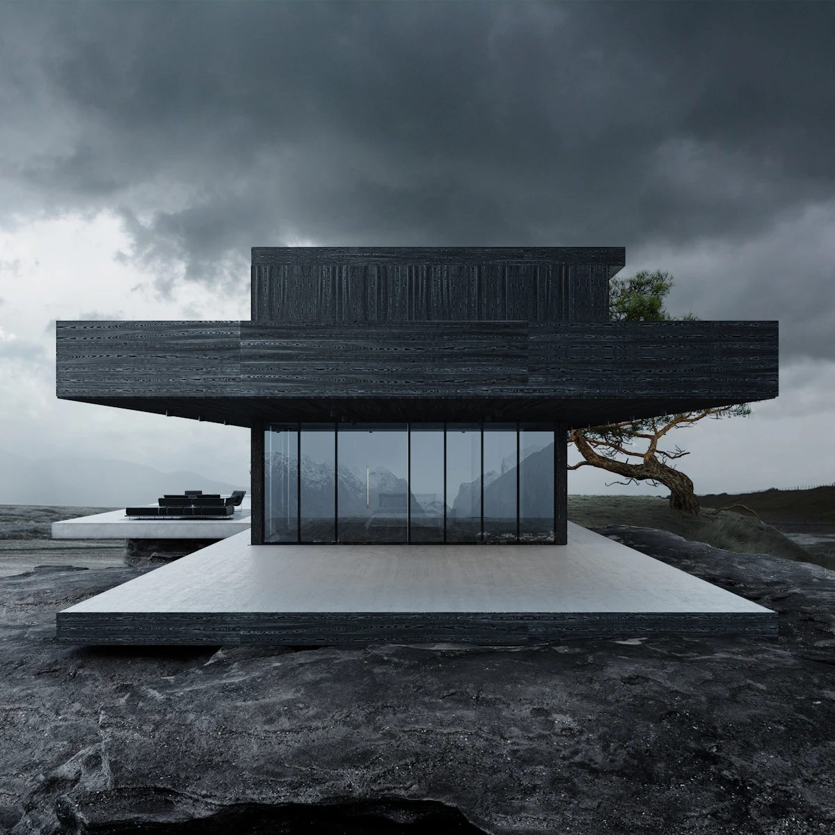 Dark modern house on rocky terrain