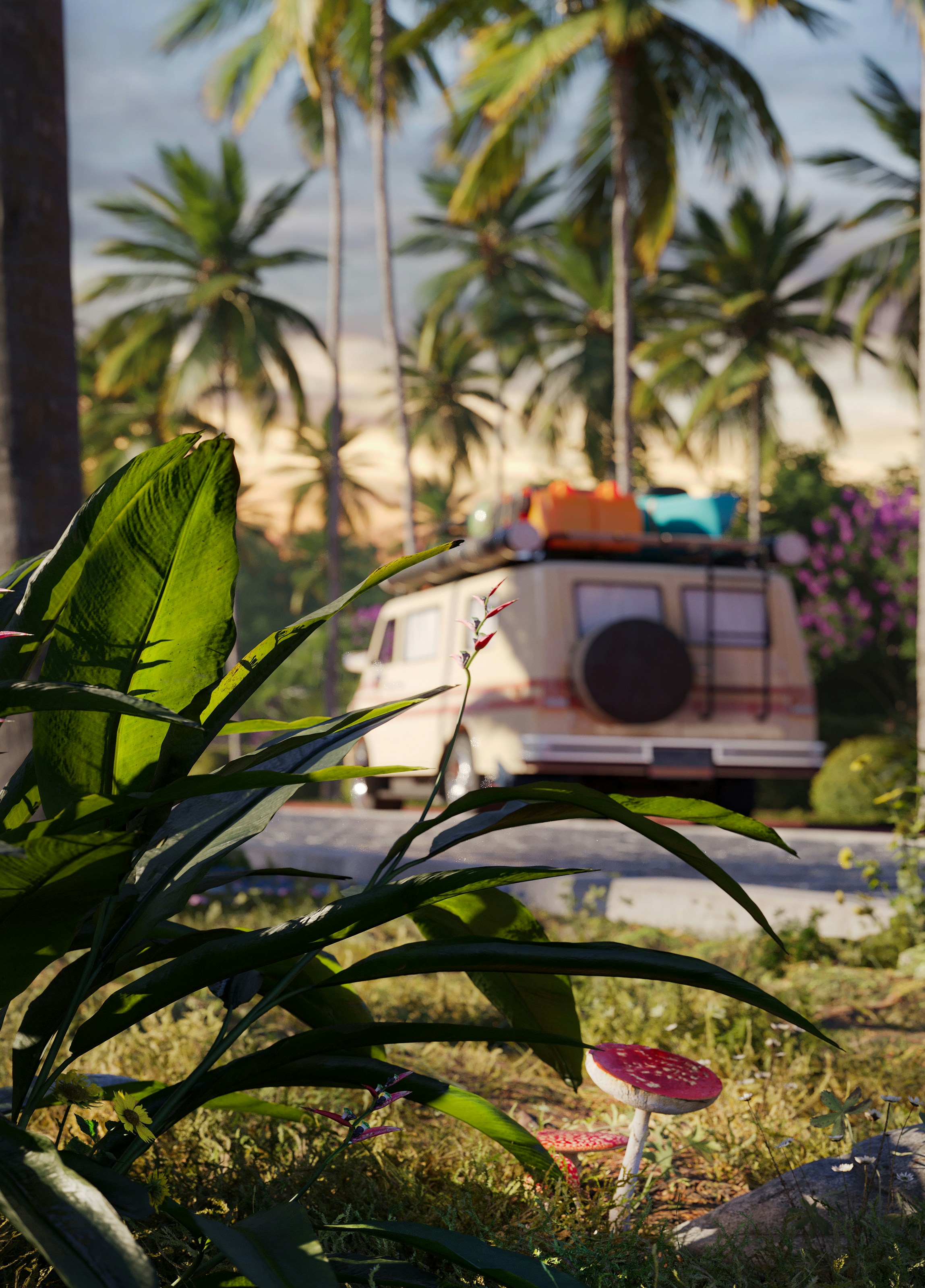 A vintage van parked among palm trees and tropical plants