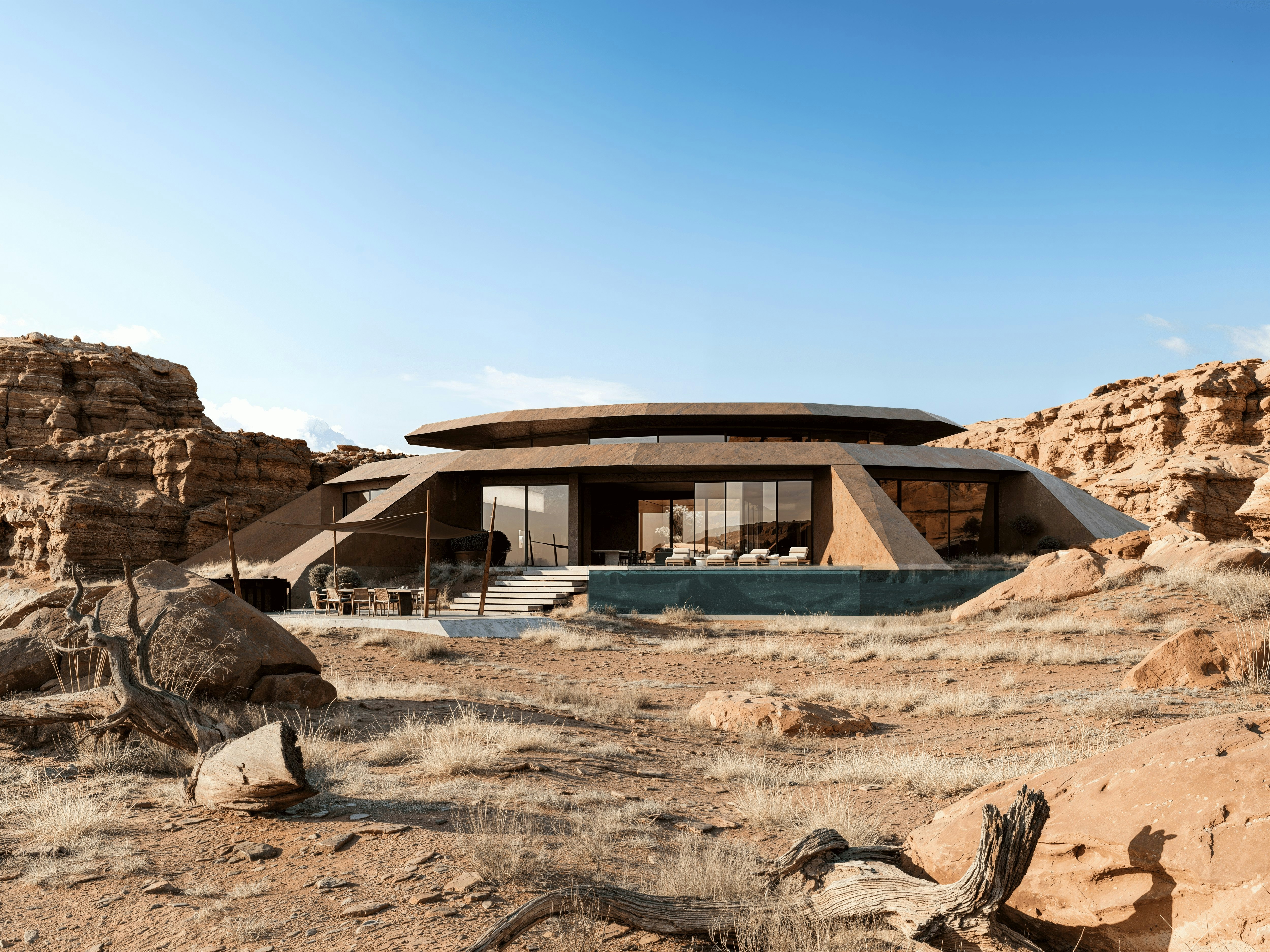 A modern circular building in a vast desert landscape