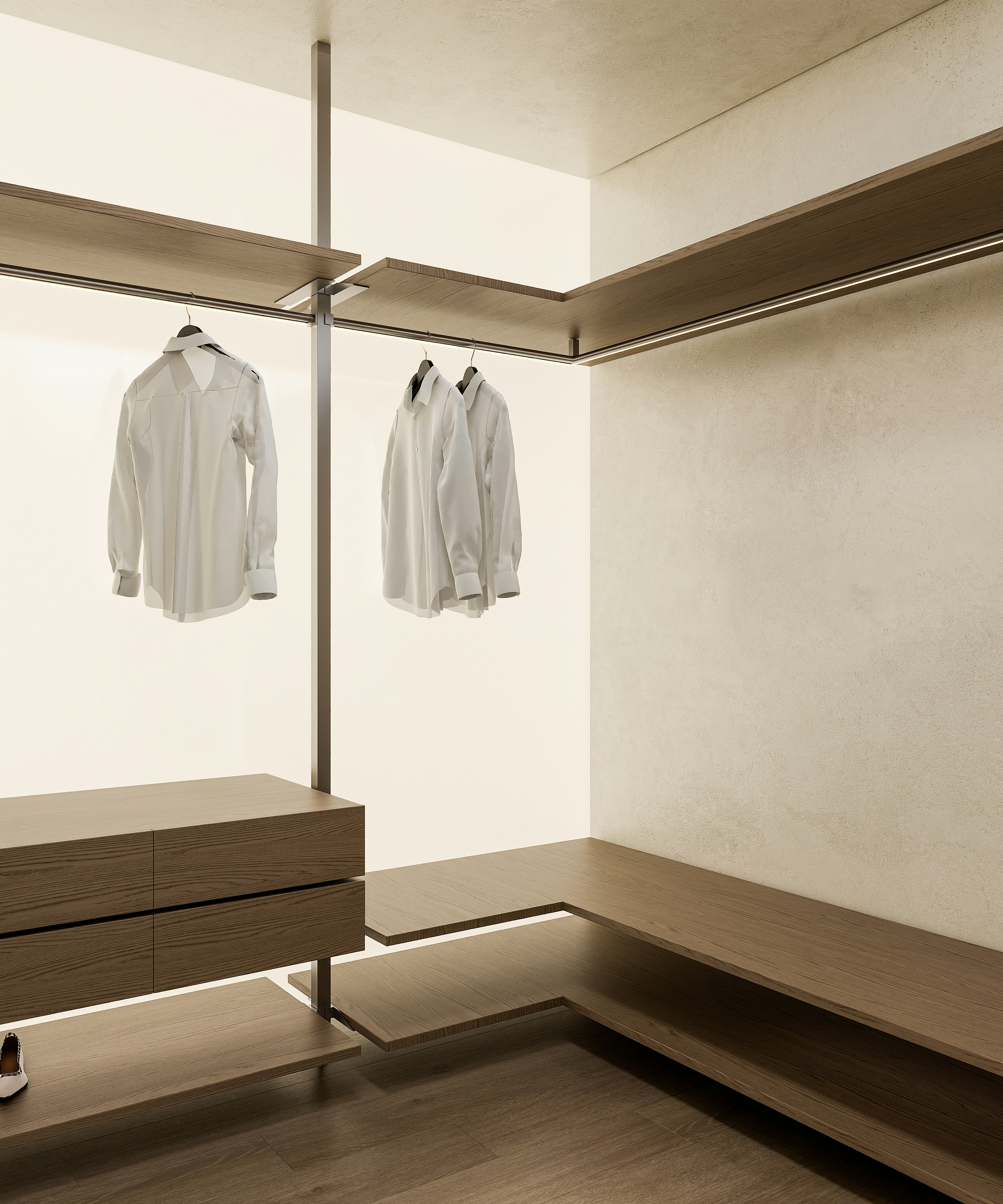 Modern walk-in closet with wooden shelves and hanging shirts.