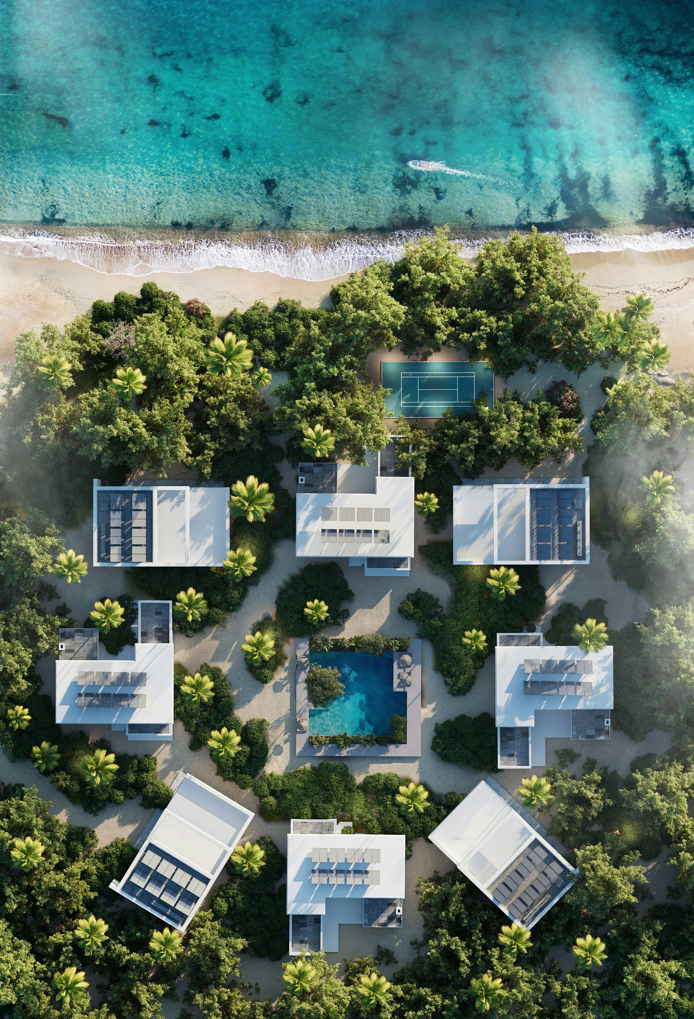 Tropical beach resort with modern villas, pool, and ocean