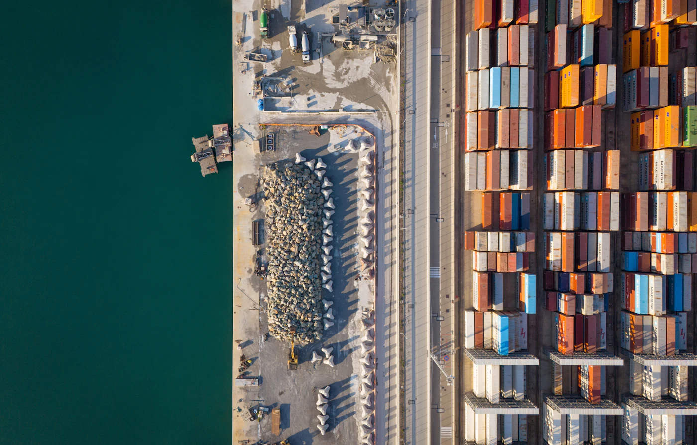 Aerial view of a busy container port