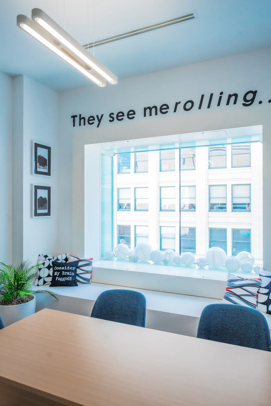 Office space with window seating and city view