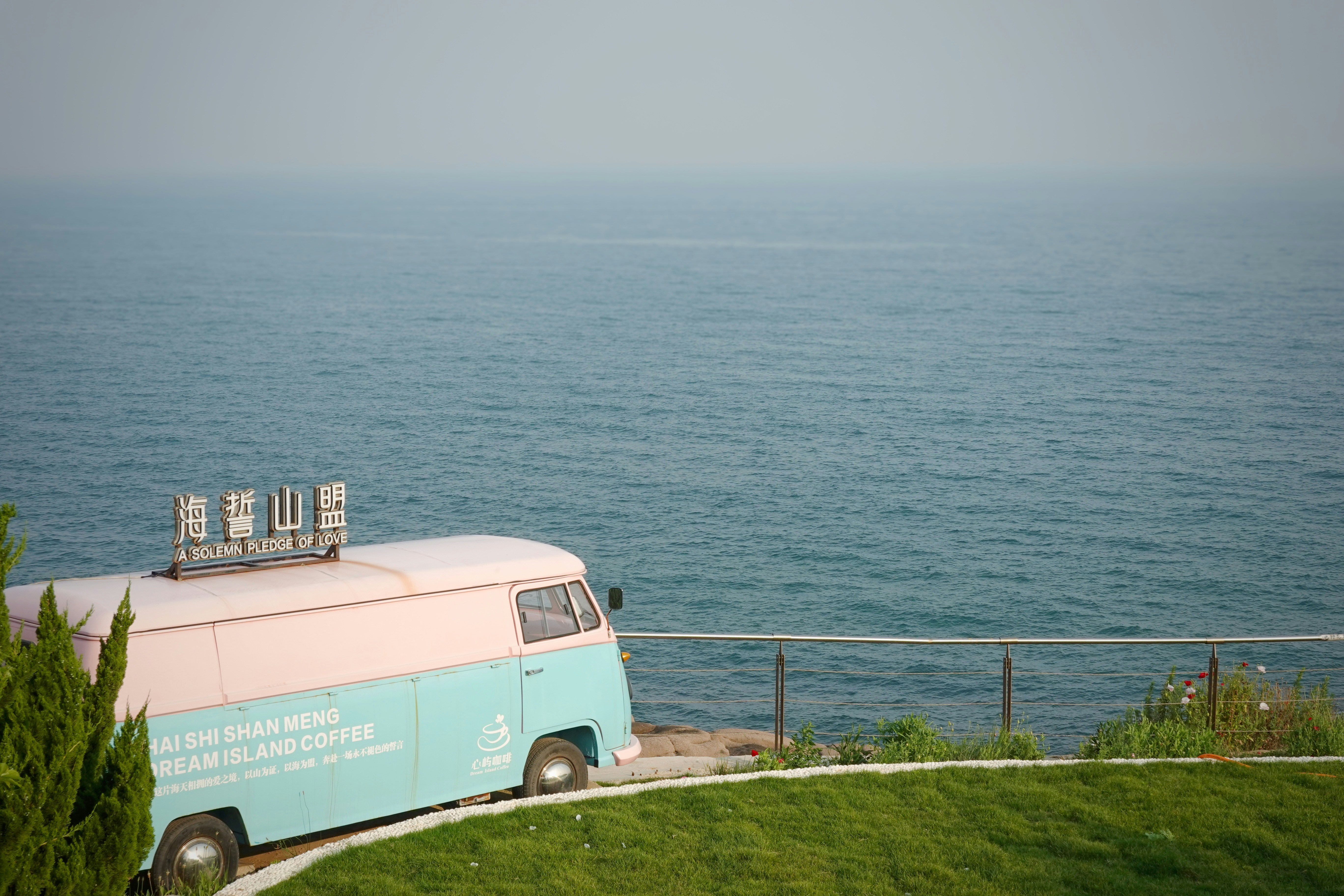 A vintage blue and pink van parked by the ocean