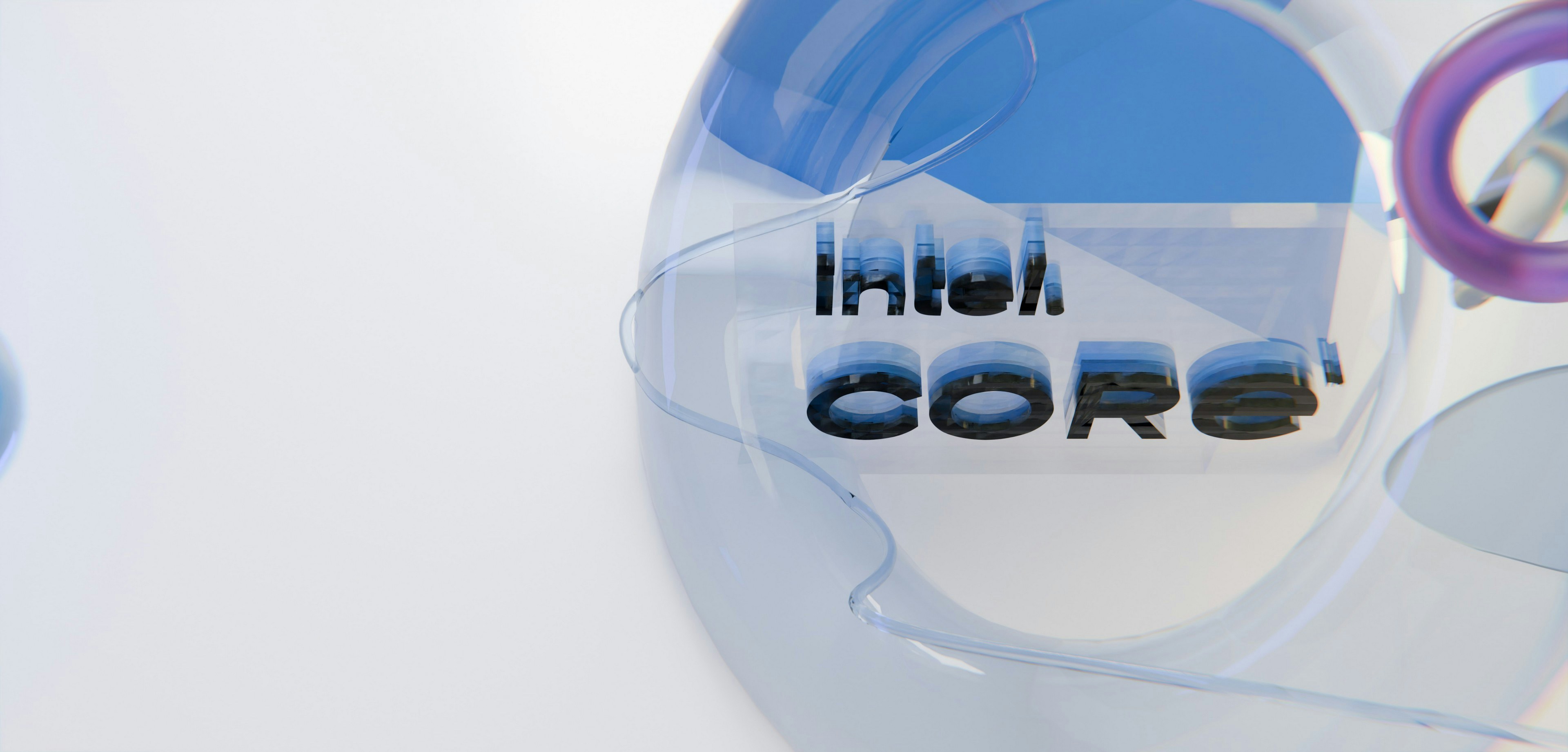 Intel core logo visible through a translucent blue abstract structure.