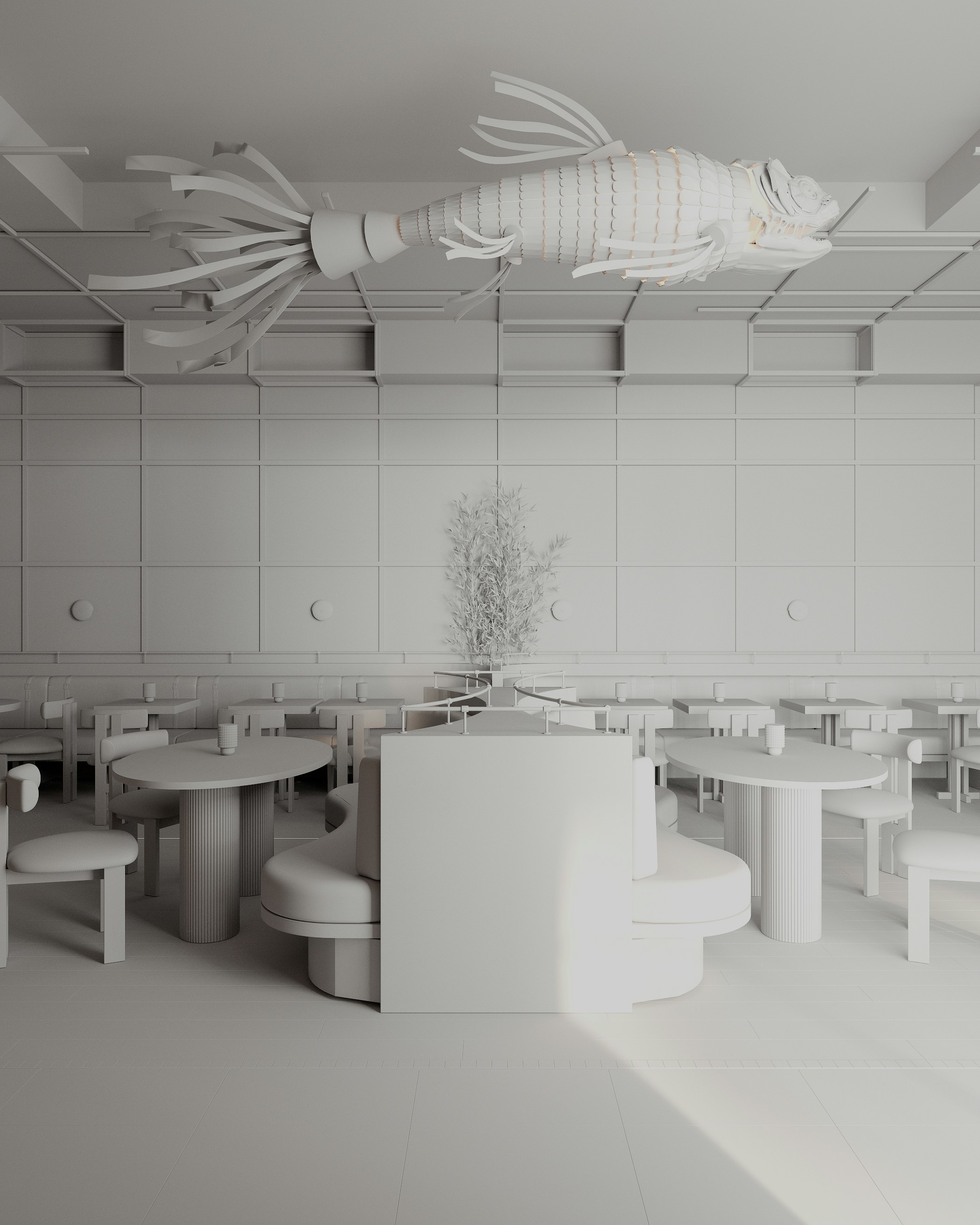 White minimalist restaurant interior with tables, chairs, and fish sculpture.