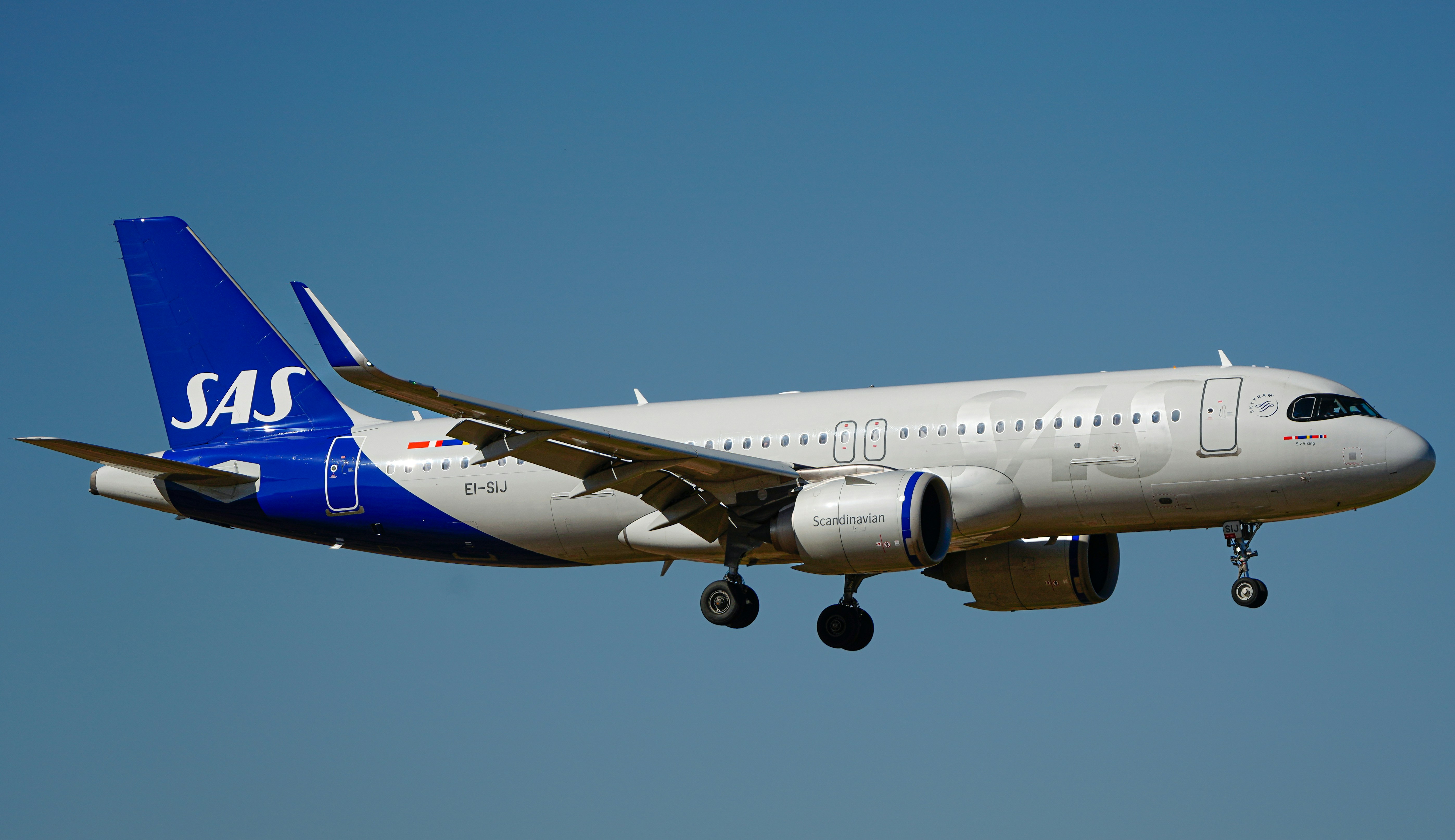 Sas passenger jet flying against a clear blue sky.