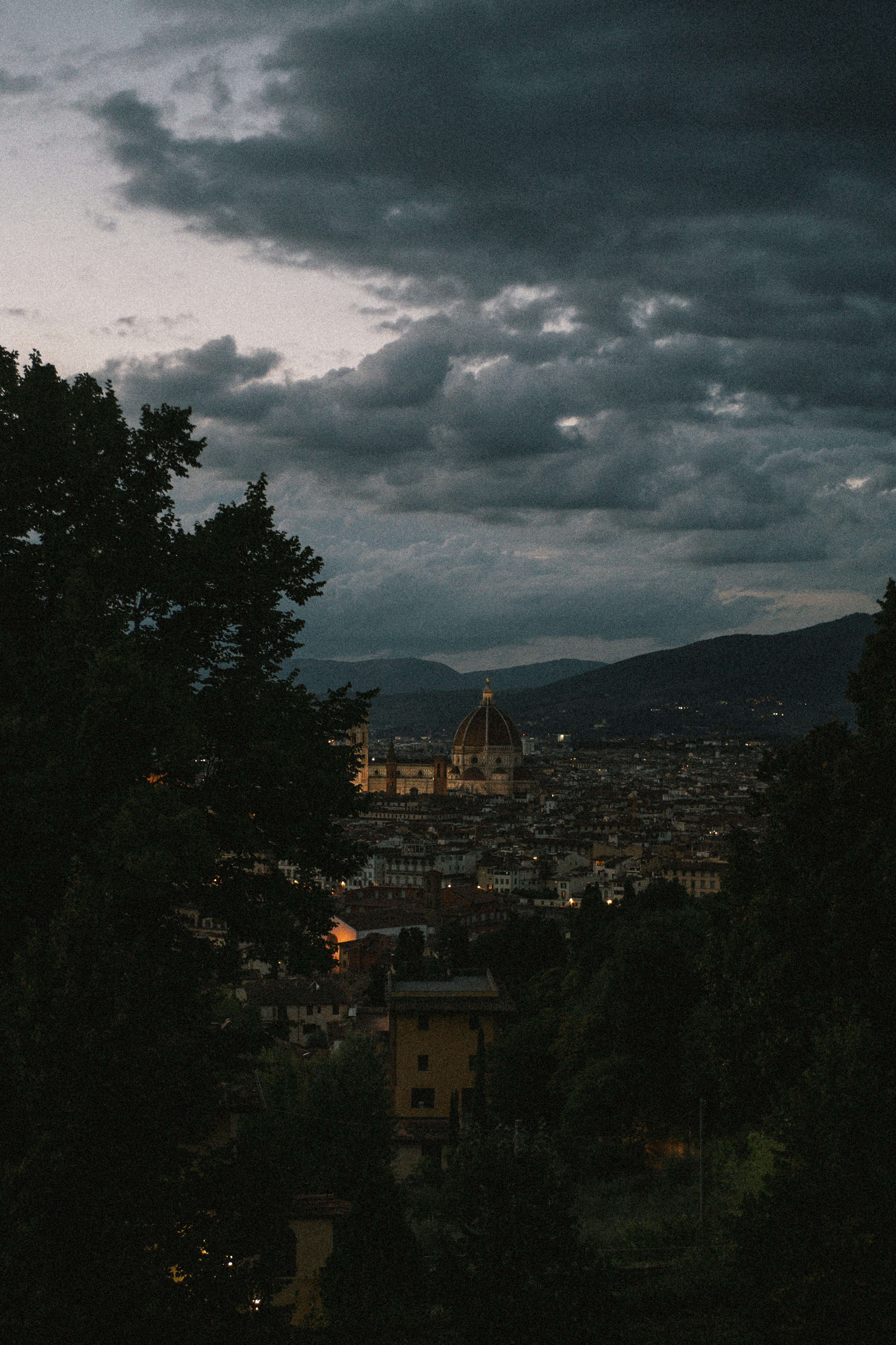 Dramatic twilight view of florence cityscape and iconic duomo