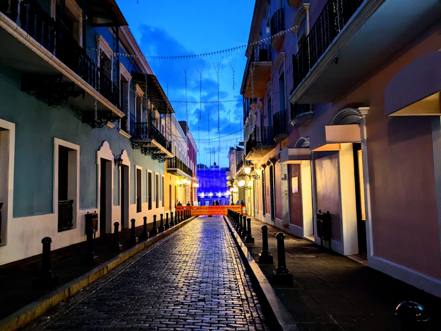 Colorful street in Old San Juan at night