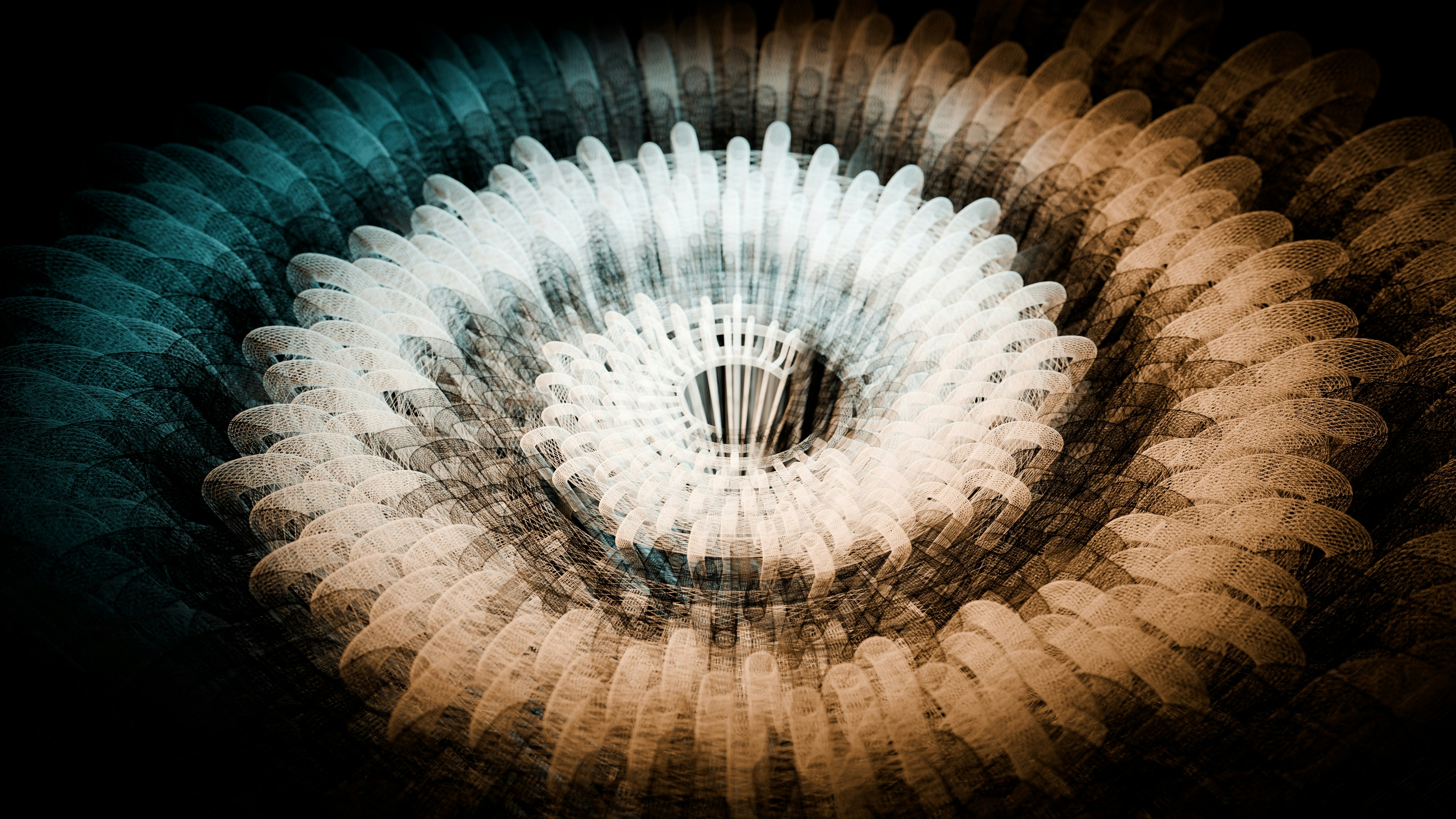 Spirale abstraite hypnotique bleue, blanche et orange.